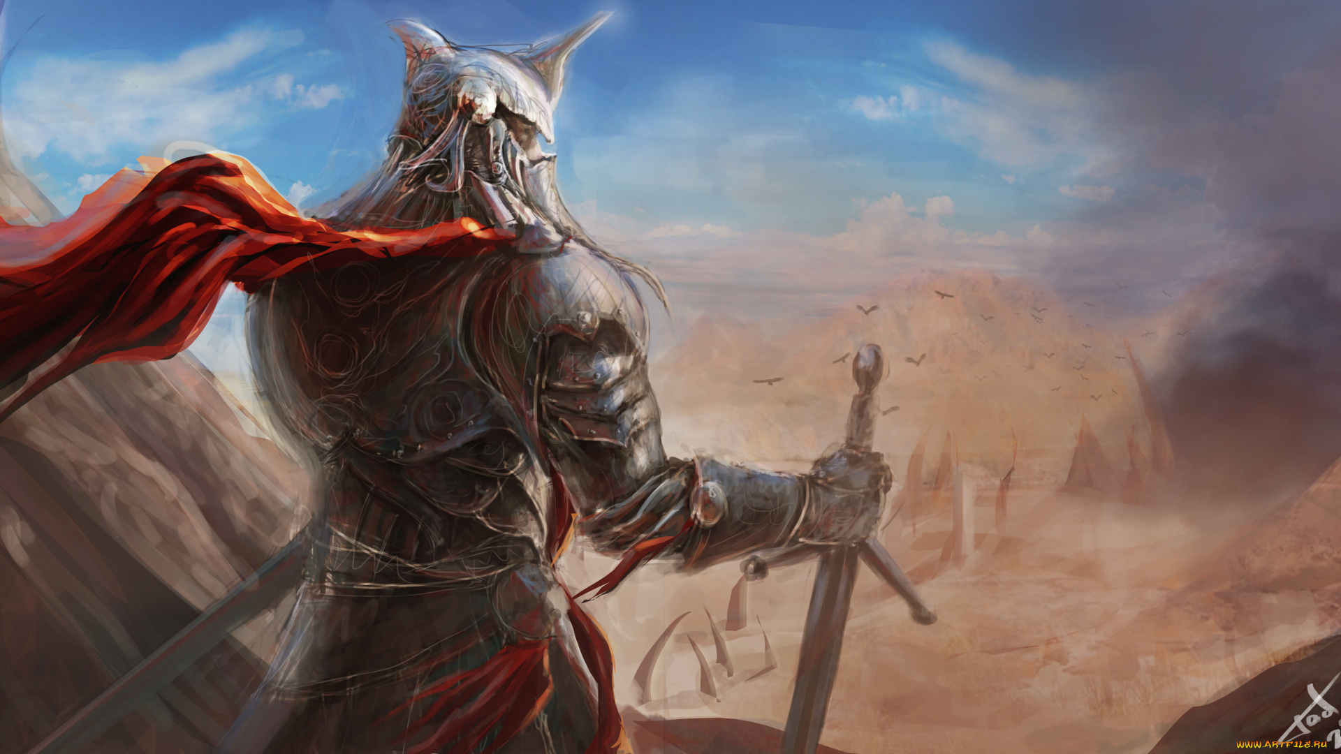 фэнтези, люди, дым, руины, обзор, воин, рыцарь, доспехи, меч