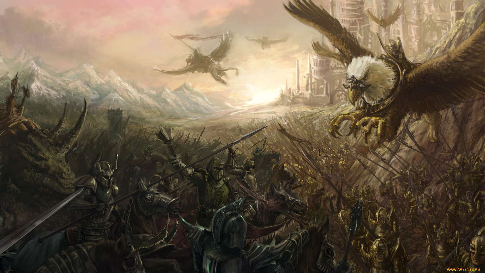 фэнтези, люди, грифоны, монстры, замок, рыцари, битва, существа