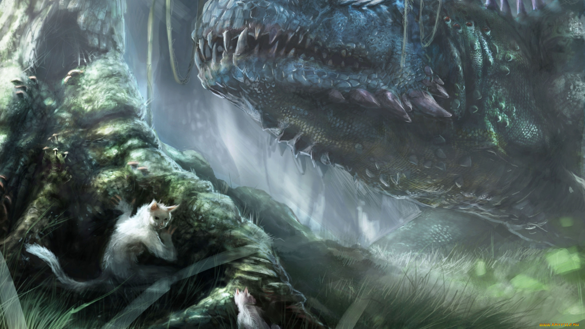 фэнтези, существа, лес, ящер, динозавр, дерево