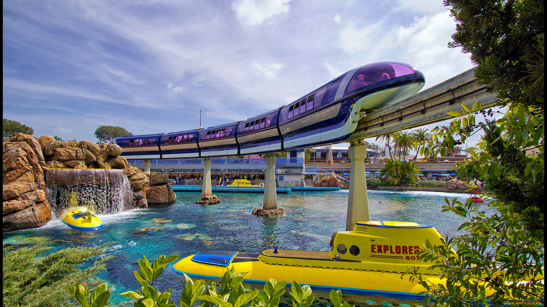 техника, поезда, поезд, эстакада, парк, монорельс