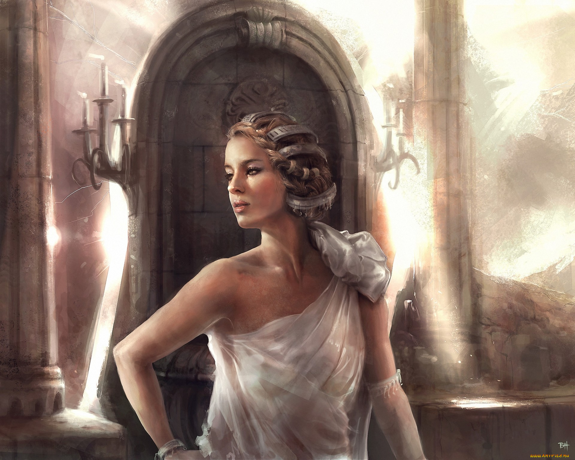 фэнтези, девушки, колонны, девушка, подсвечники, готика