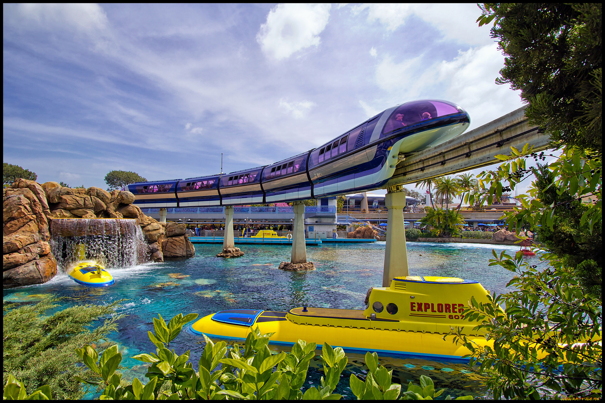 техника, поезда, поезд, эстакада, парк, монорельс