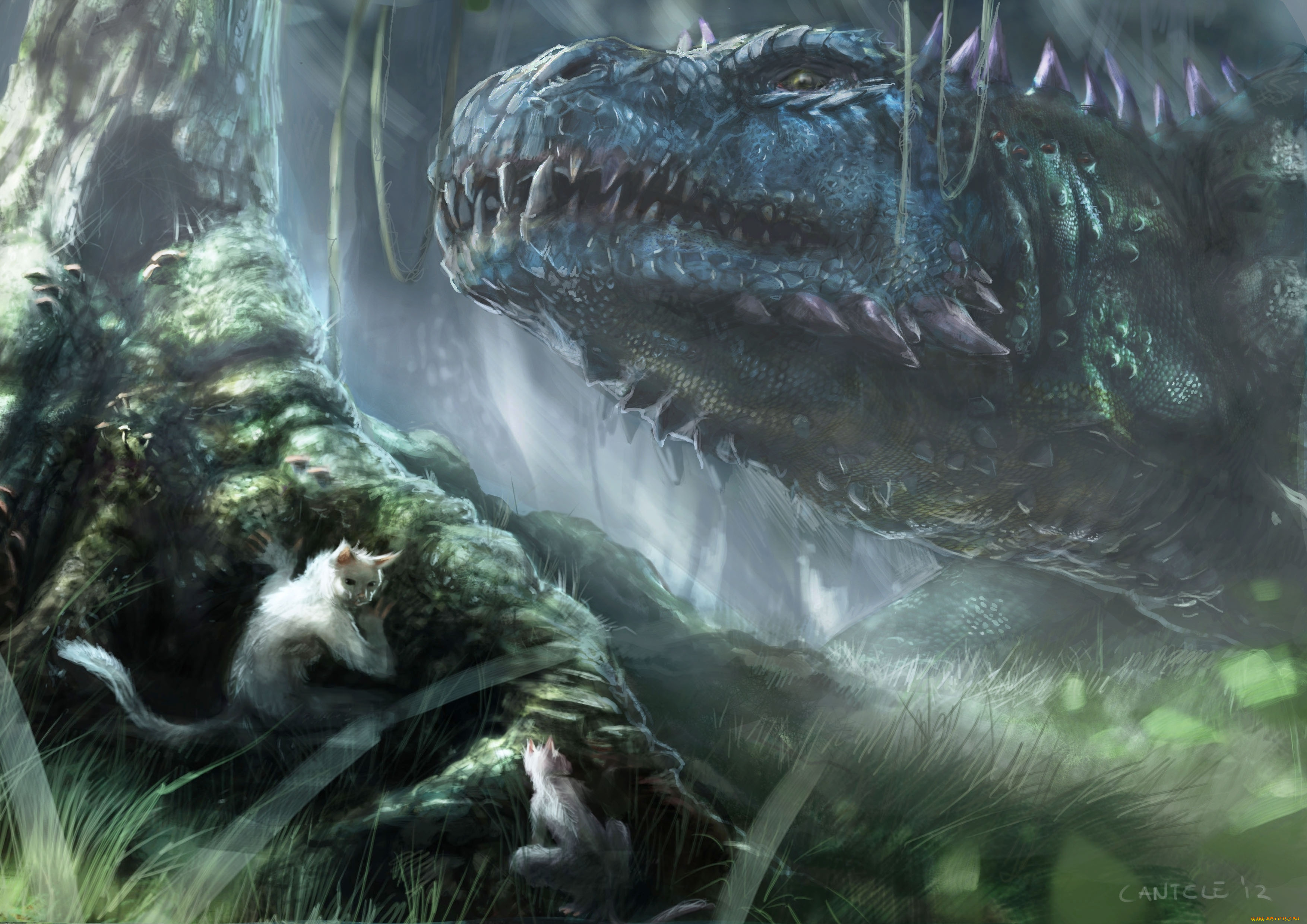 фэнтези, существа, лес, ящер, динозавр, дерево