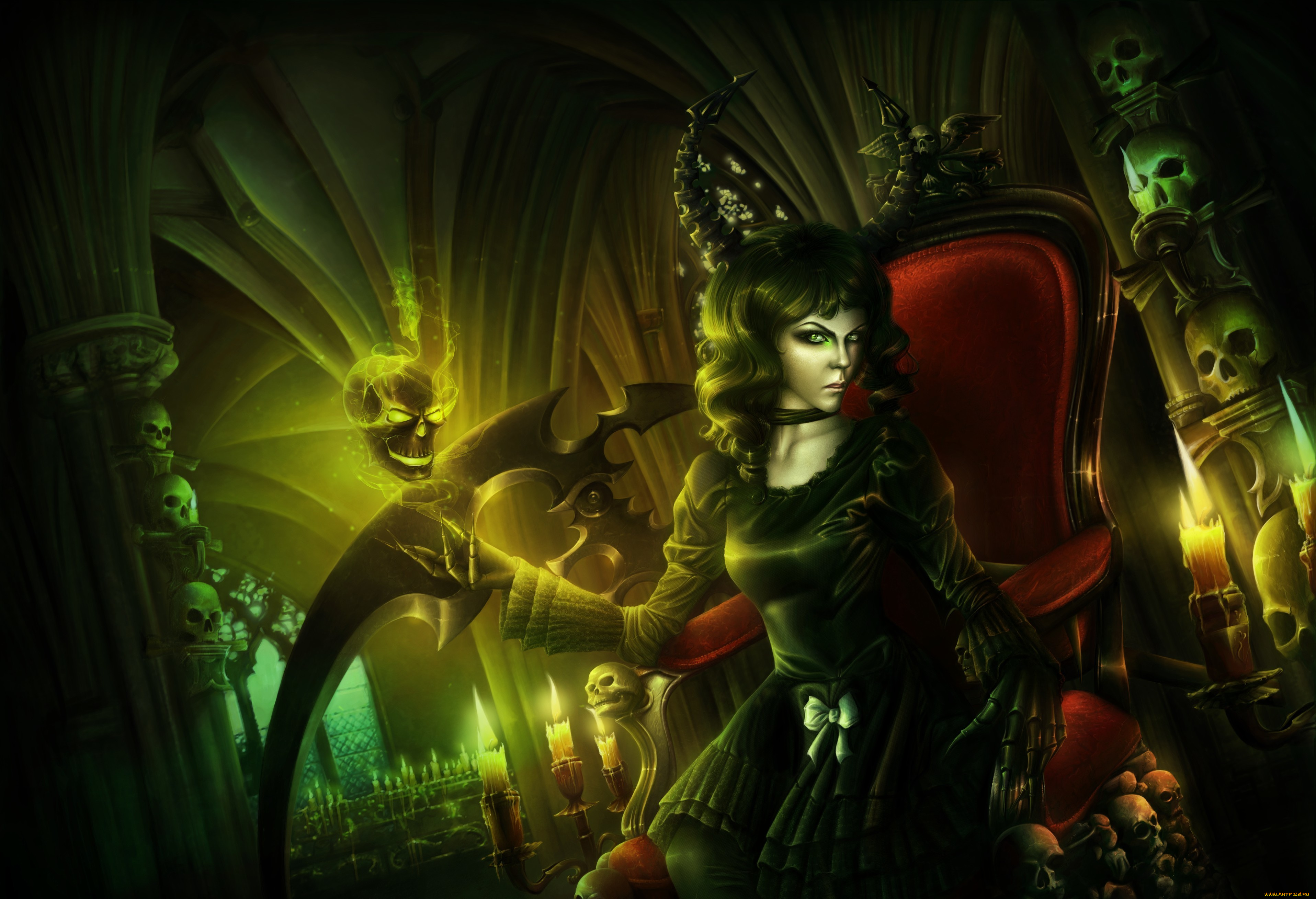 фэнтези, демоны, свечи, магия, трон, черепа, демон, готика