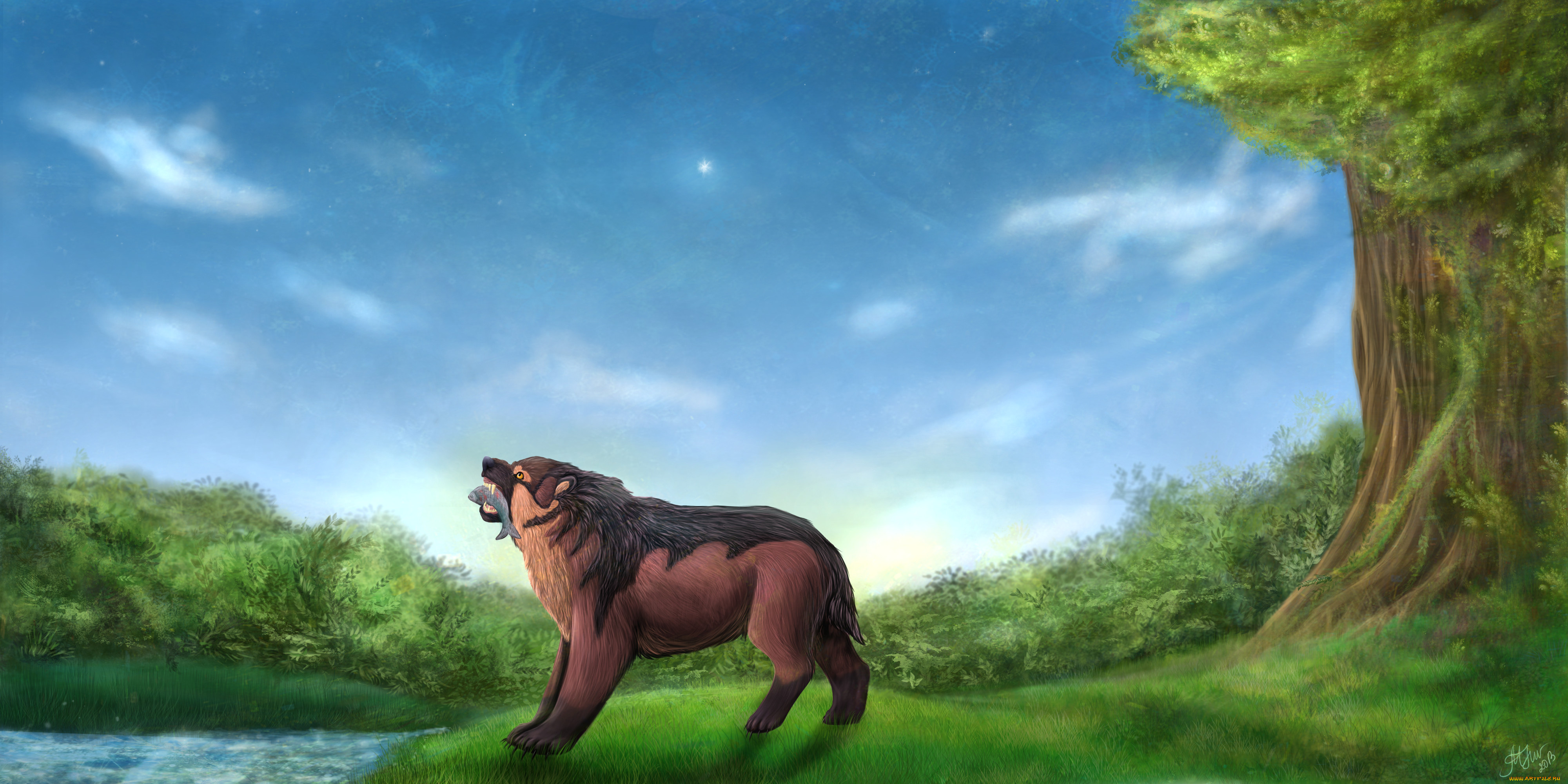 рисованные, животные, , сказочные, , мифические, река, лес, рыба, собака