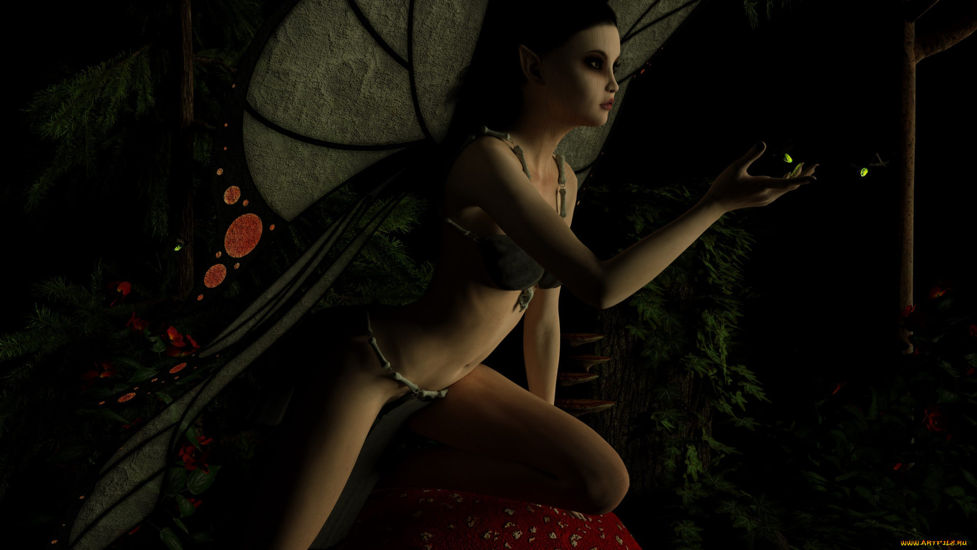 3д, графика, эльфы, , elves, яблоко, фон, взгляд, эльфийка