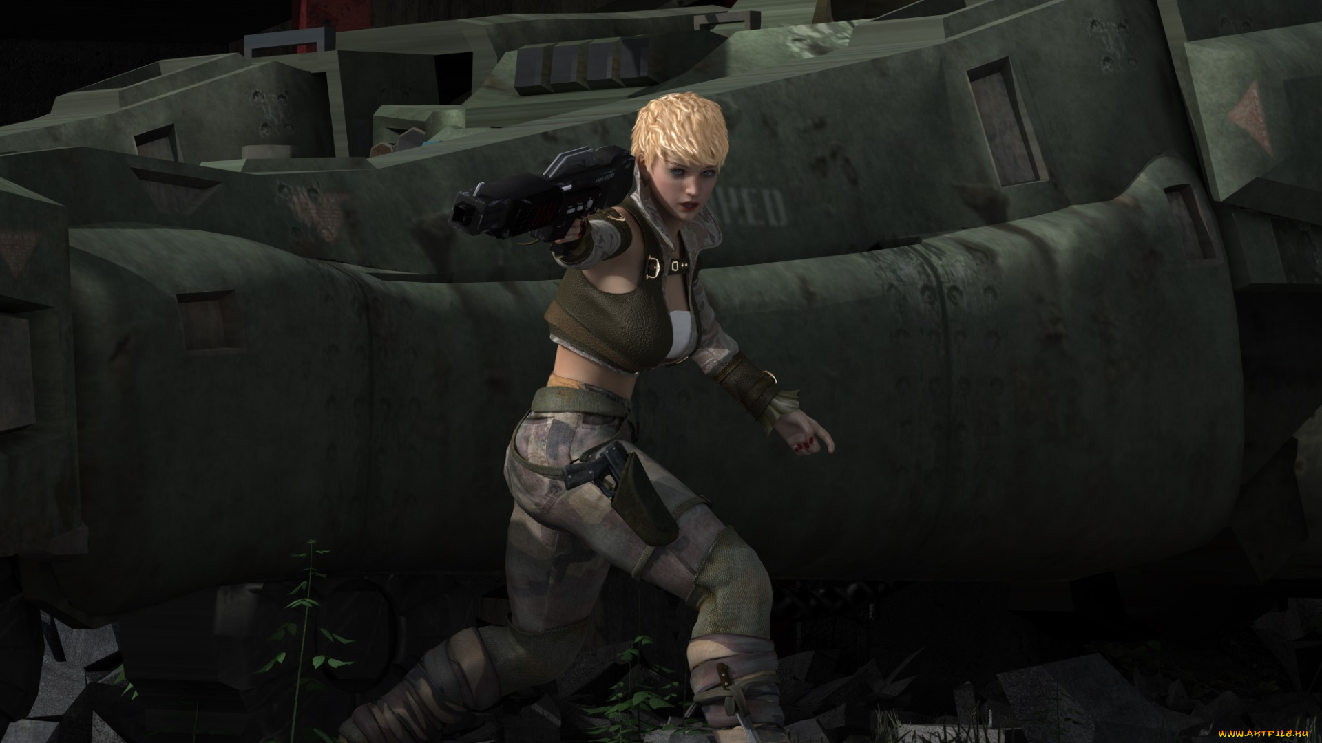 3д, графика, фантазия, , fantasy, оружие, девушка, блондинка, фон, взгляд