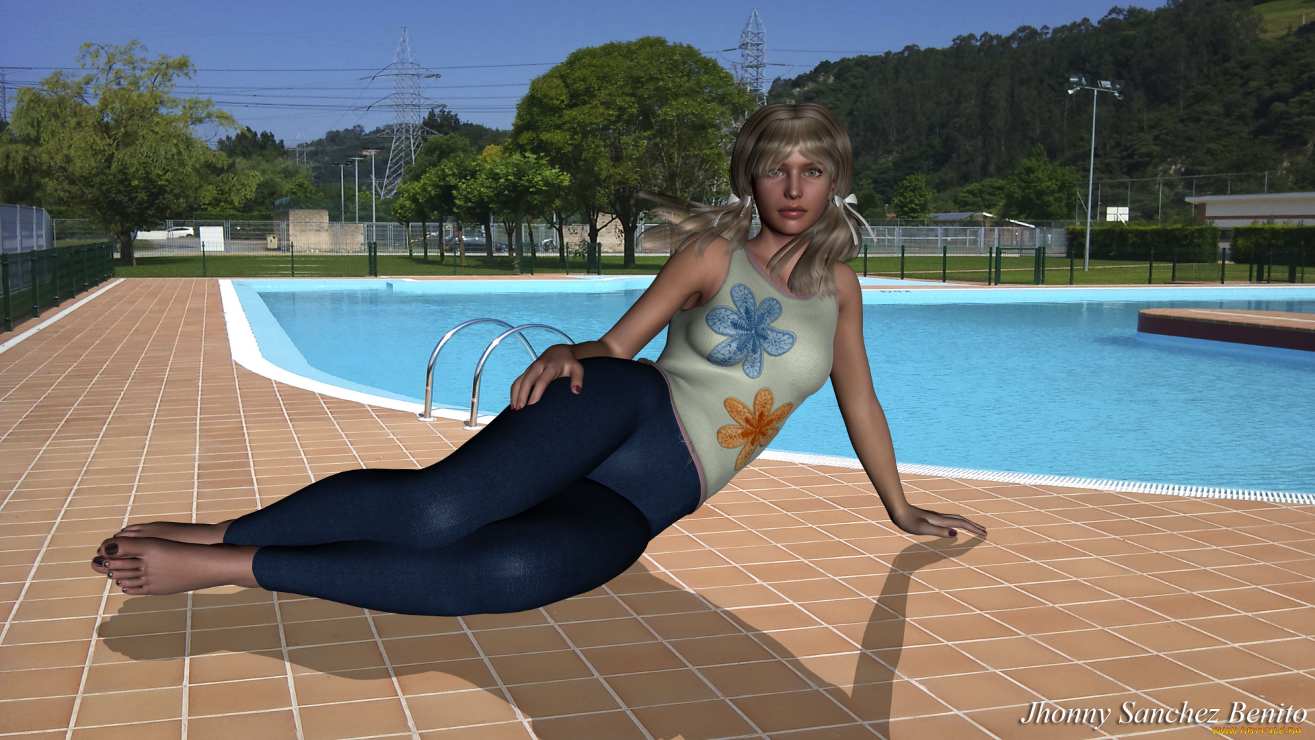 3д, графика, люди, , people, бассейн, фон, взгляд, девушка