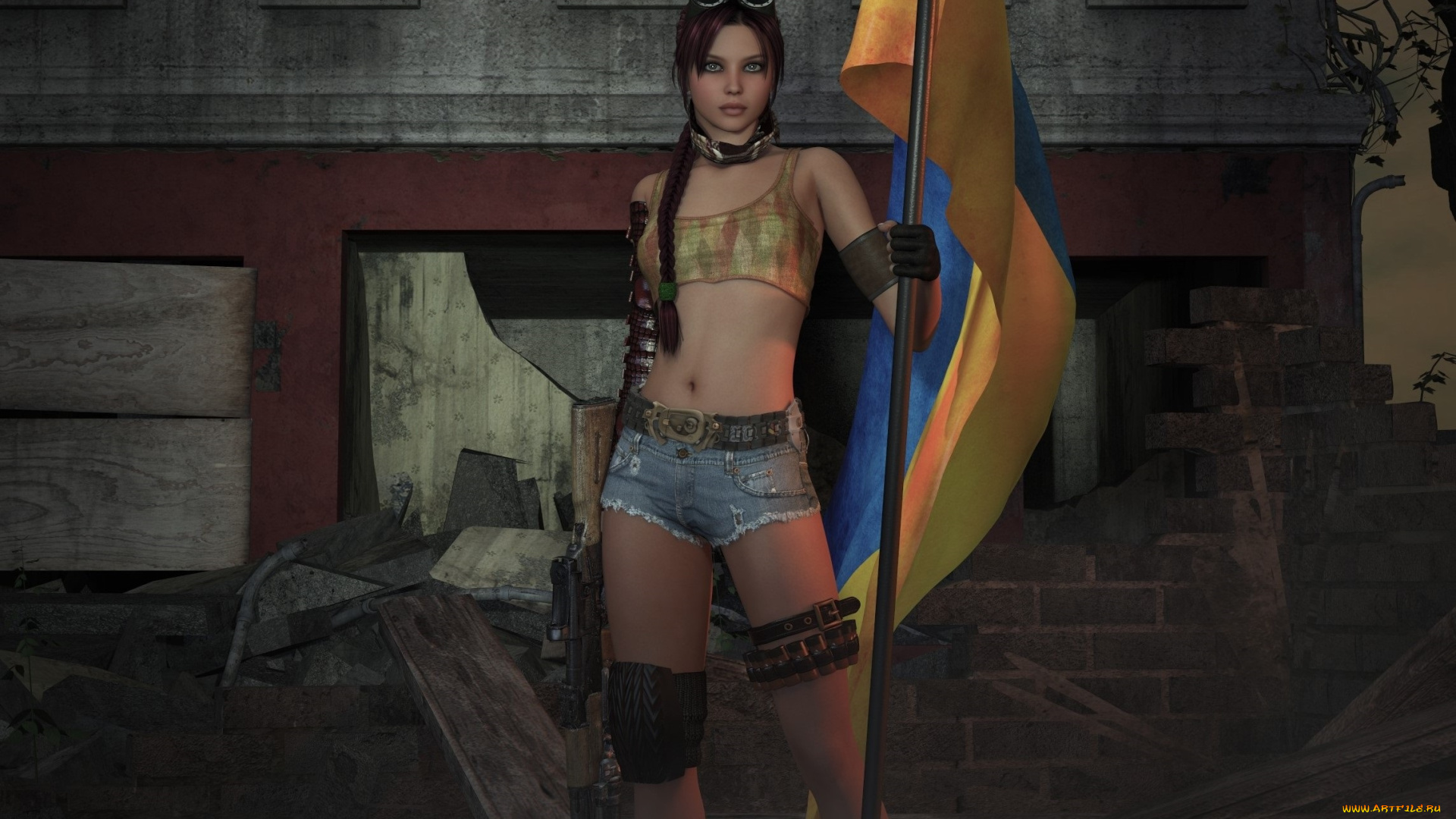 3д, графика, люди, , people, девушка, флаг, фон, взгляд