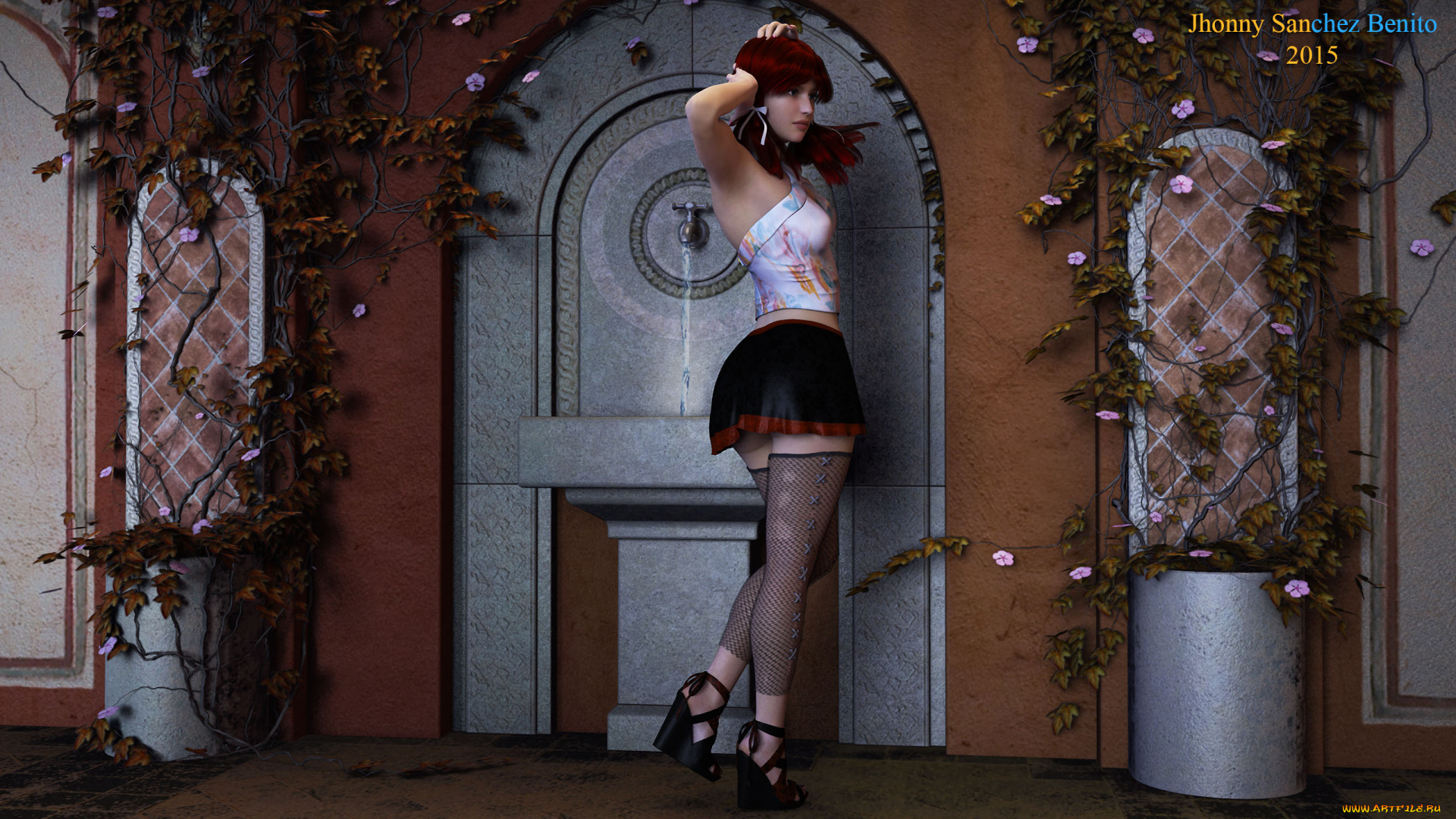 3д, графика, люди, , people, девушка, взгляд, фон, чулки, цветы, туфли