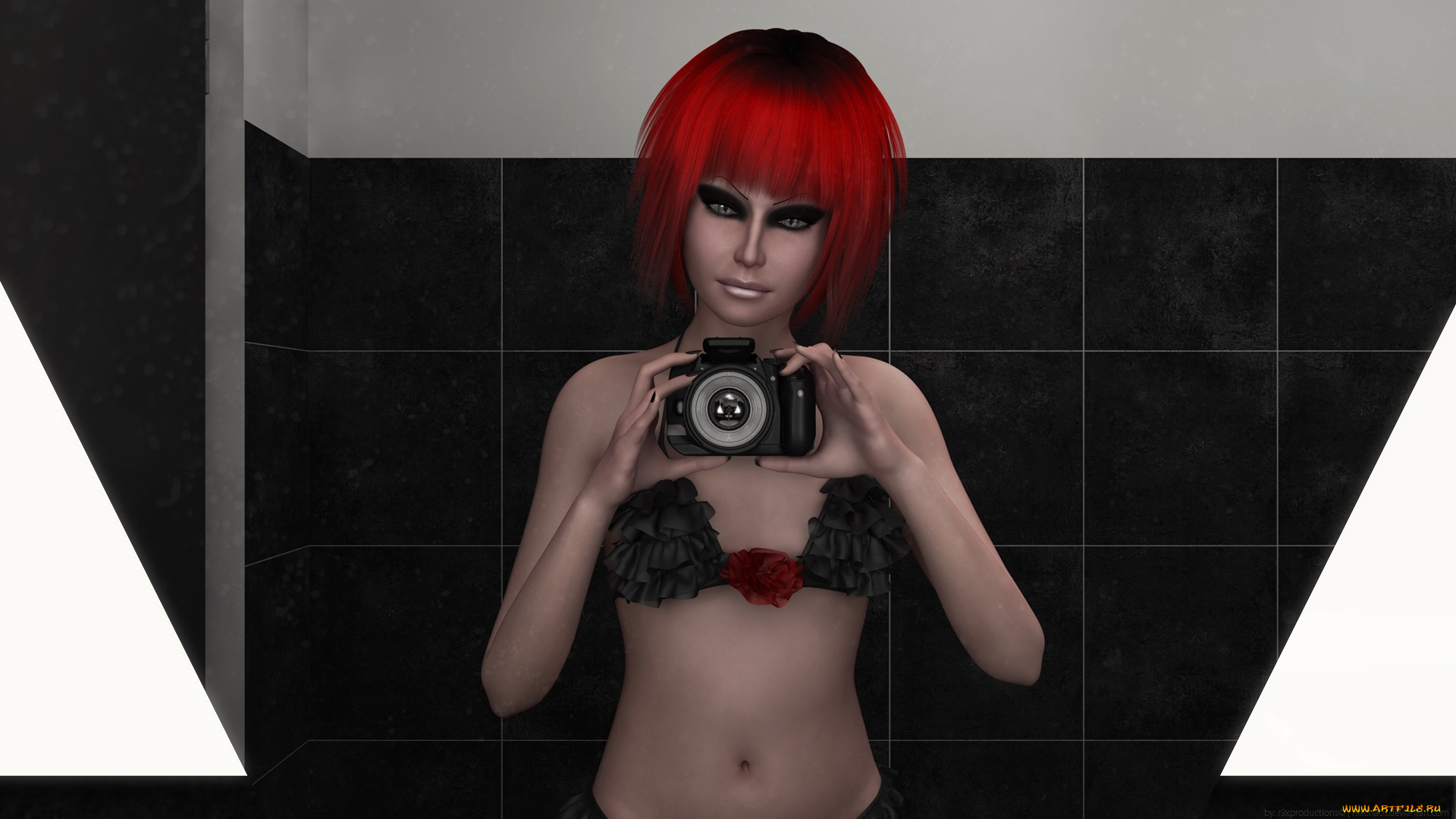 3д, графика, люди, , people, девушка, взгляд, фон, рыжая, фотоаппарат