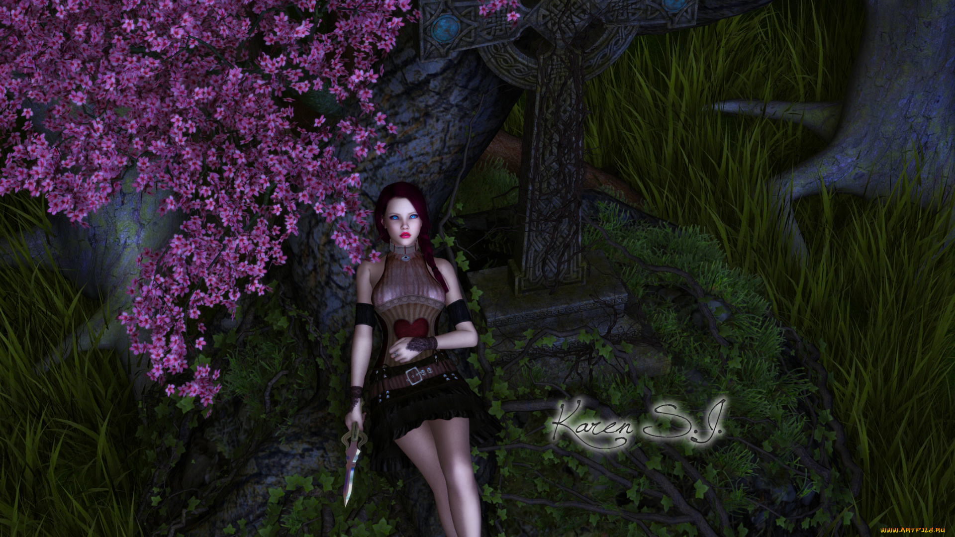 3д, графика, люди, , people, сакура, взгляд, фон, оружие, девушка