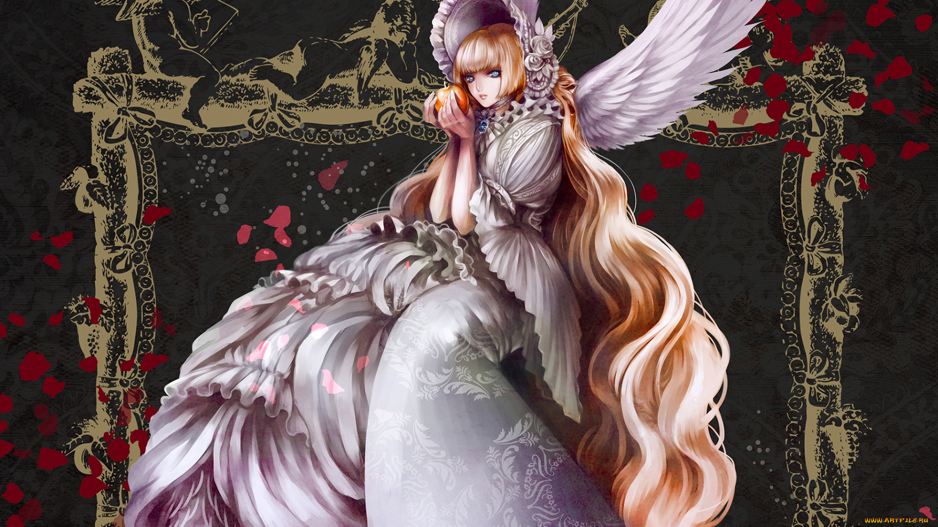 аниме, ангелы, , демоны, девушка, крылья, лепестки, яблоко