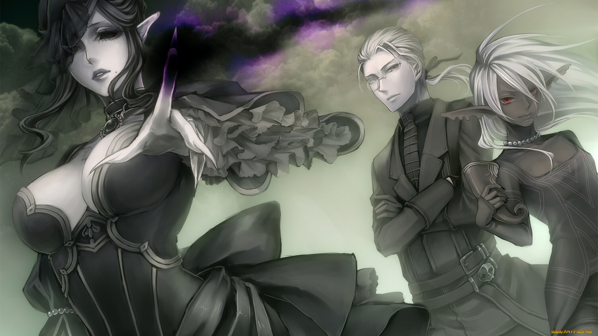 аниме, ангелы, , демоны, эльфы, магия, вдова, вуаль, облака