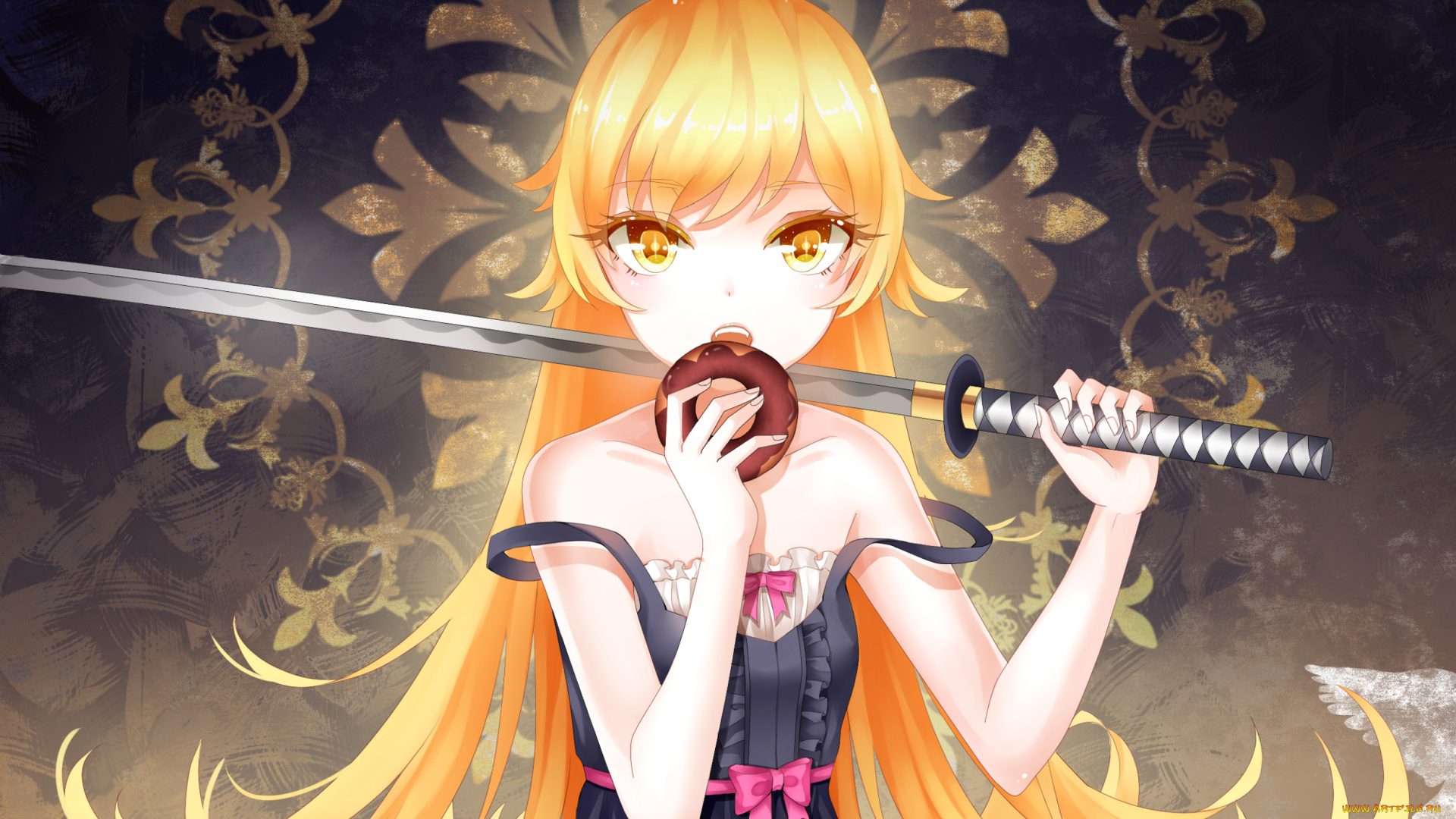 аниме, bakemonogatari, девушка, желтые, глаза, узор, меч, пончик, бантики, oshino, shinobu, еда, катана