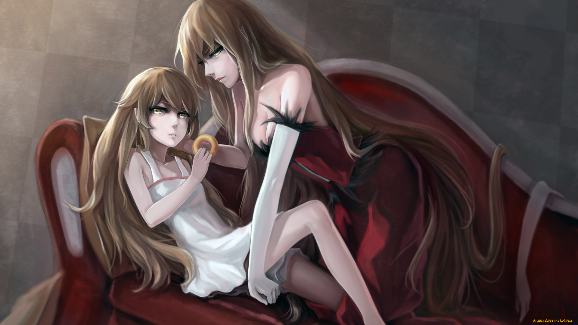 аниме, bakemonogatari, fuuko, chan, пончик, oshino, shinobu, девушки, kissshot, acerolaorion, heartunderblade, диван, платье, комната