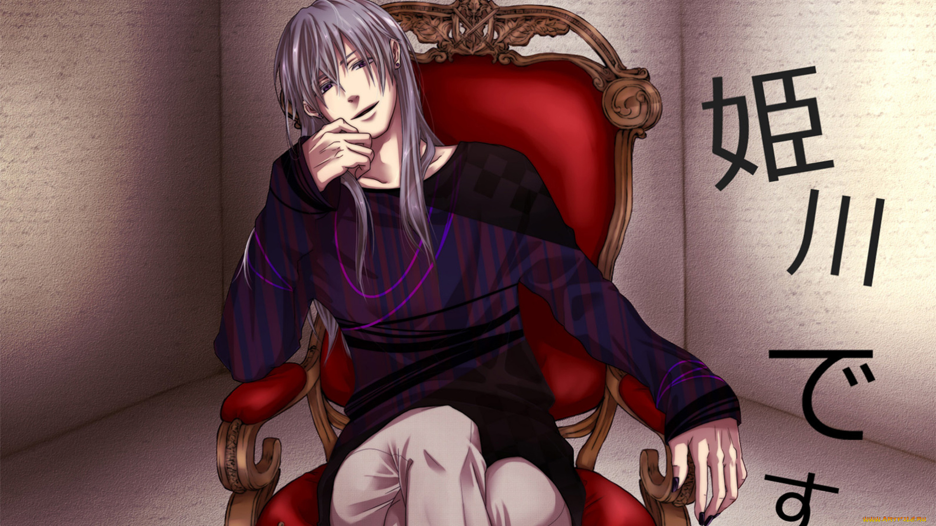 аниме, beelzebub, вельзевул, himekawa, tatsuya, парень, кресло, иероглифы, стена