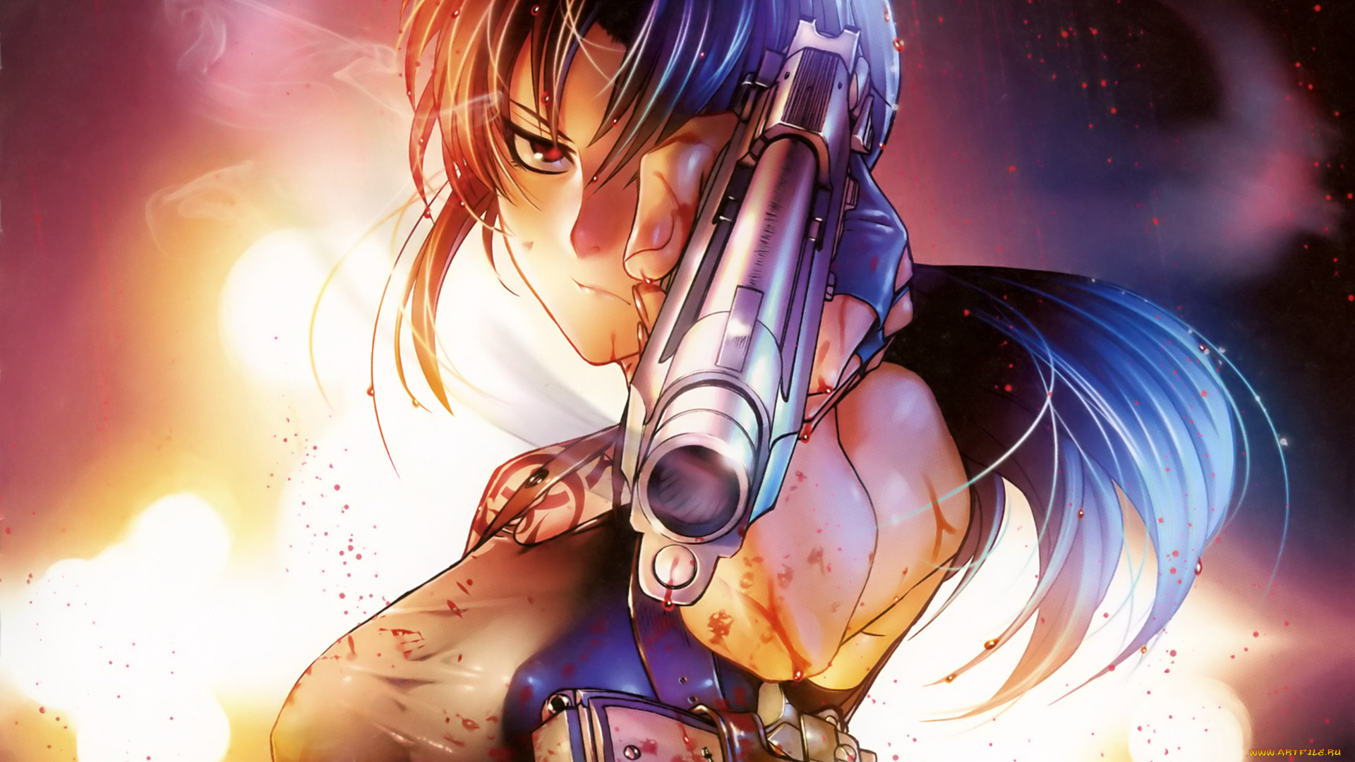 аниме, black, lagoon, девушка, пистолет, дым, hiroe, rei, оружие, revy, кобура