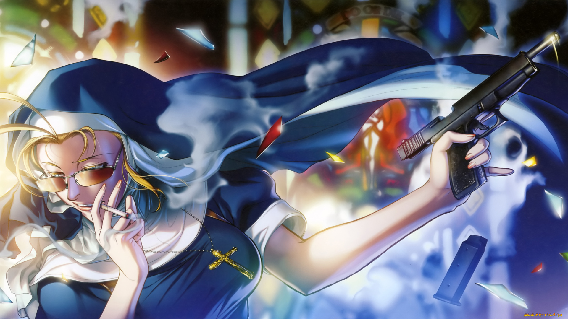 аниме, black, lagoon, крест, окно, осколки, стекло, сигарета, дым, очки, девушка, eda, hiroe, rei, монахиня, оружие, пистолет, витраж