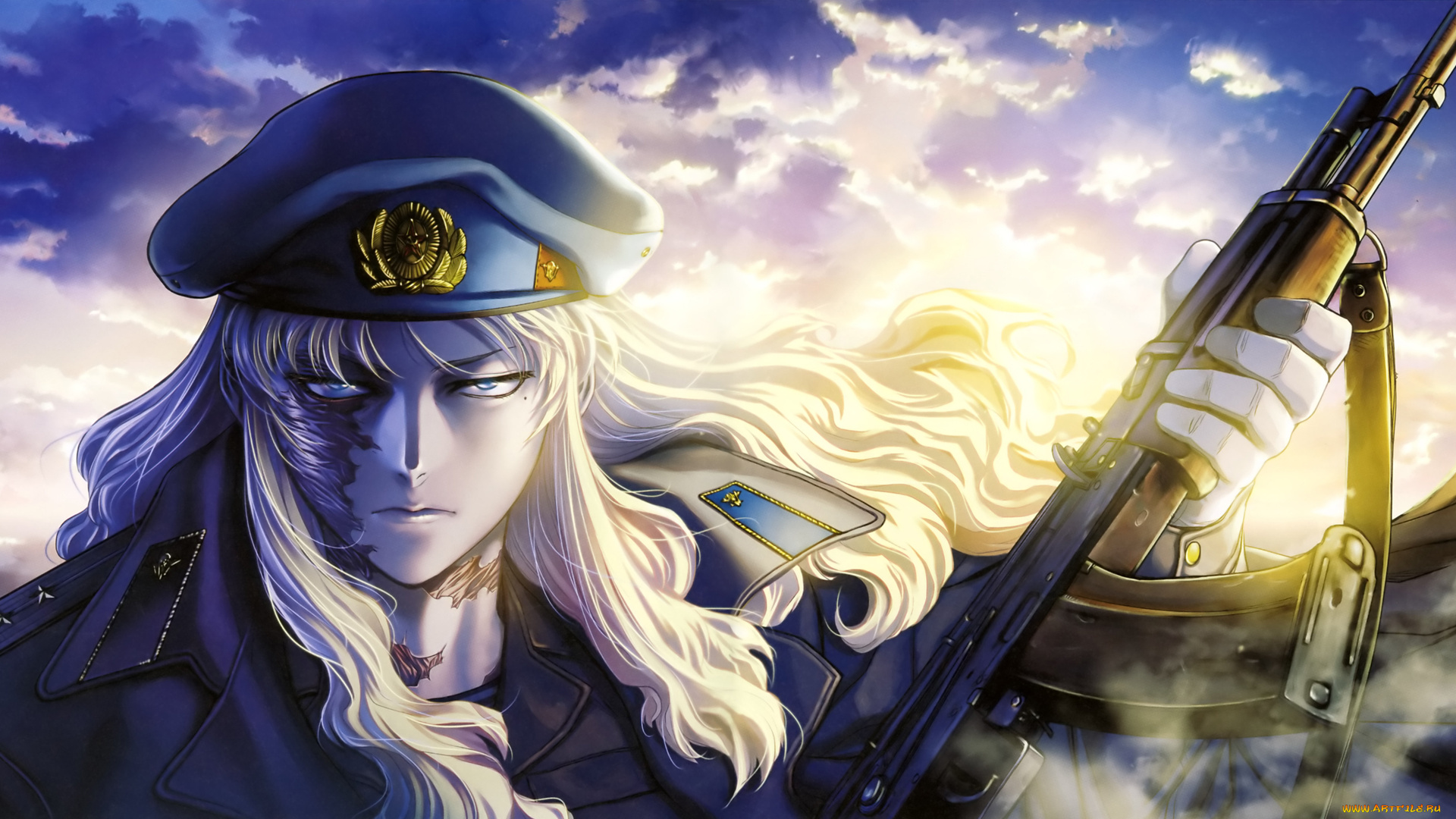 аниме, black, lagoon, солдат, balalaika, девушка, hiroe, rei, герб, шапка, форма, оружие, автомат, небо, облака