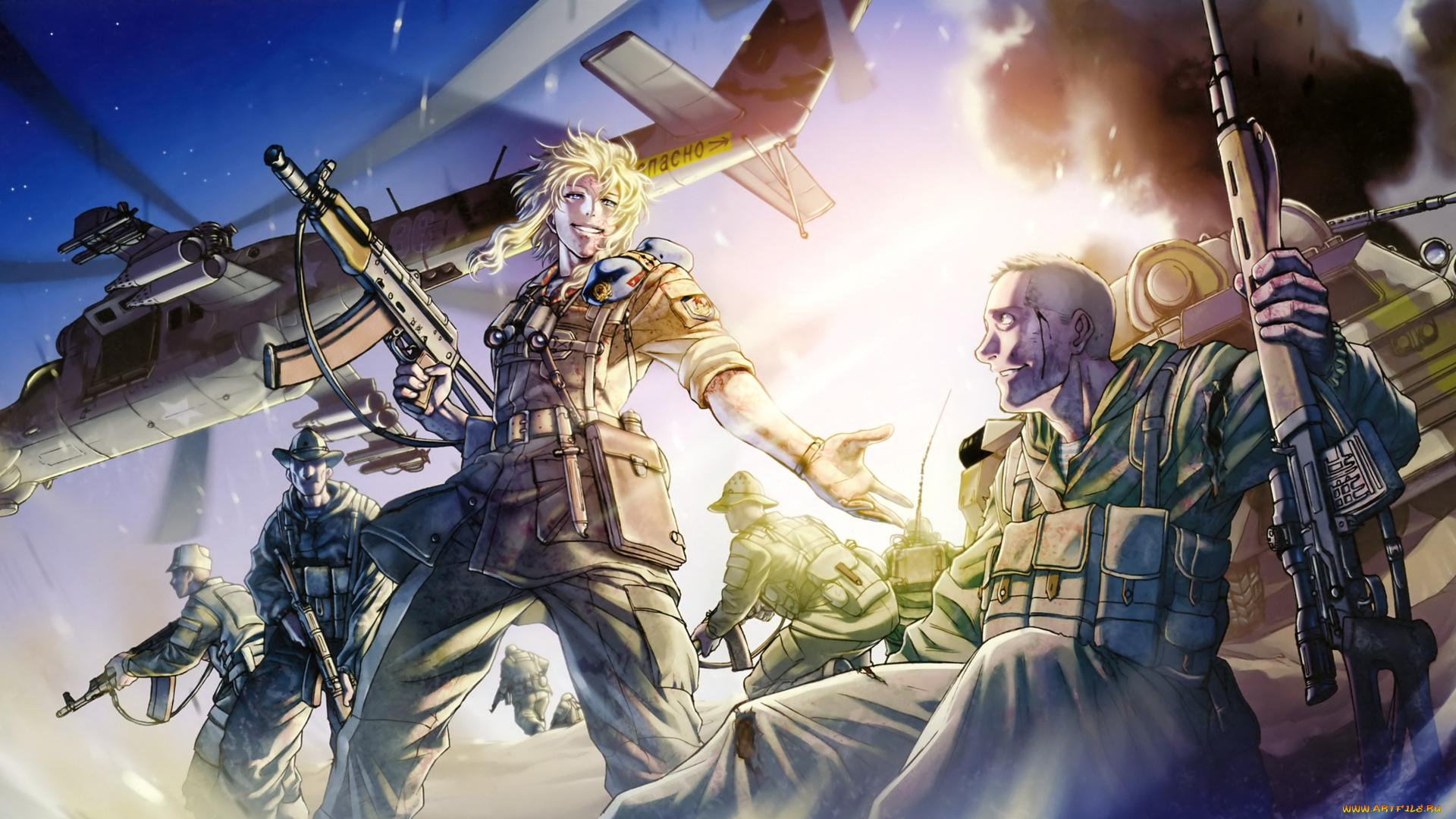 аниме, black, lagoon, солнце, кровь, оружие, солдат, танк, автомат, вертолёт, девушка, мужчина, шляпа, hiroe, rei, balalaika