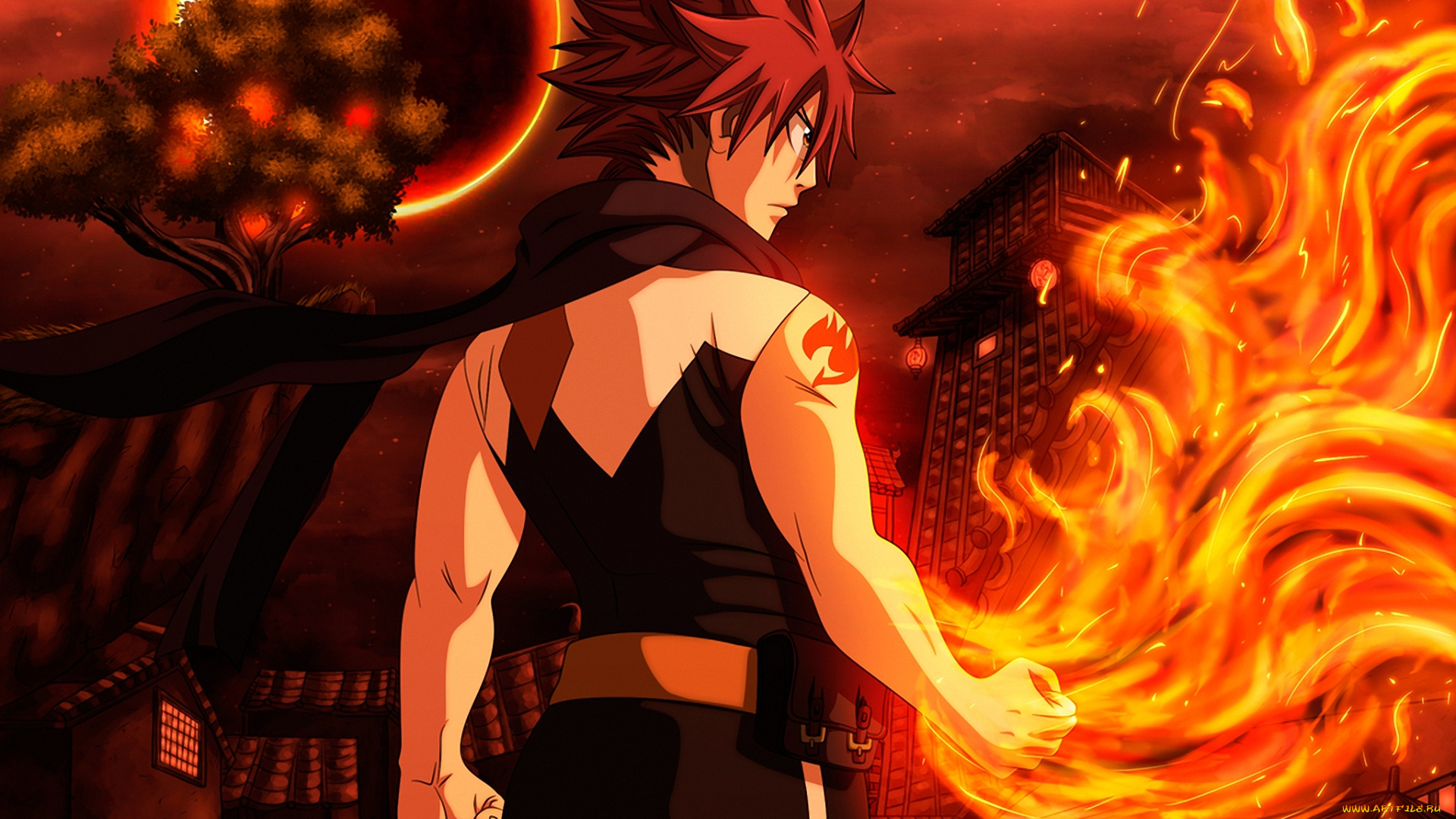 аниме, fairy, tail, луна, город, огонь, дракон, магия, волшебники, dragneel, natsu