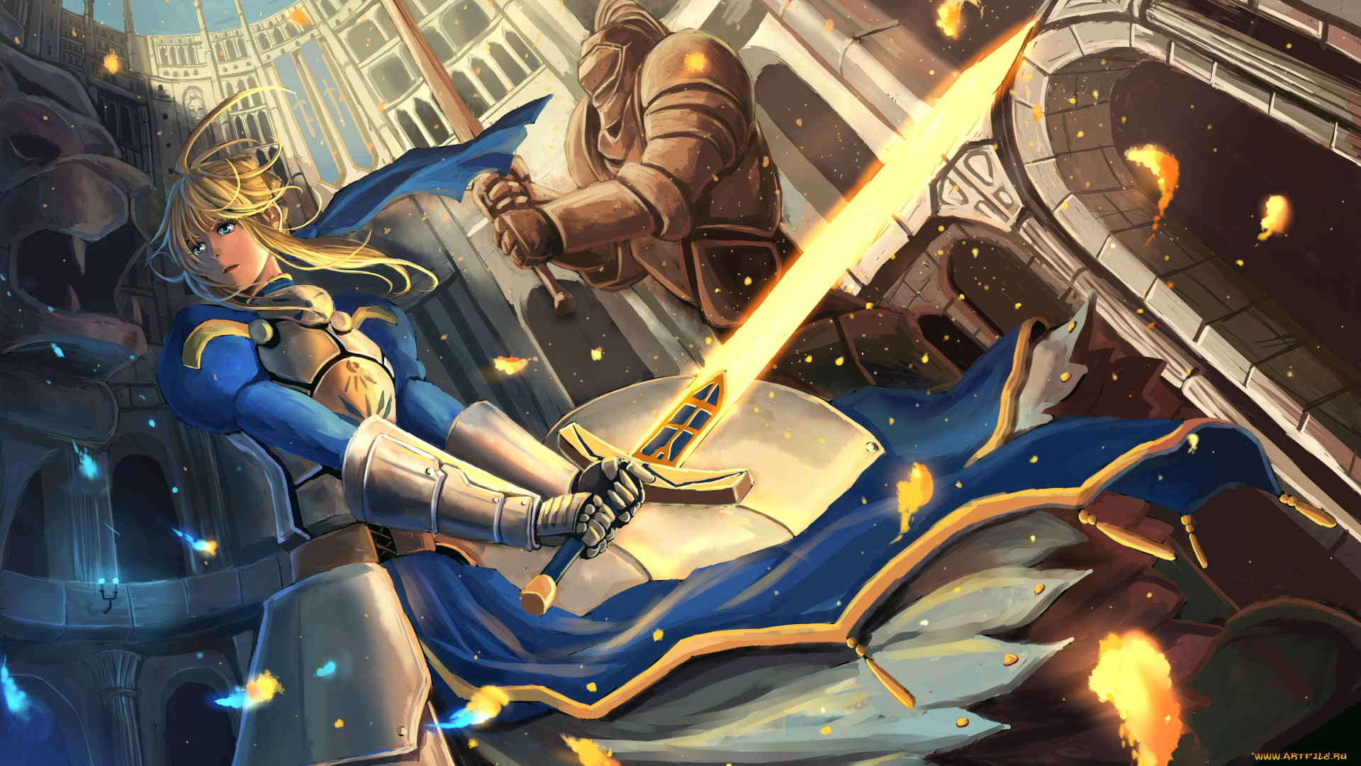 аниме, fate, stay, night, оружие, zen, saber, stay, night, меч, девушка, арт, искры, weishanzhe