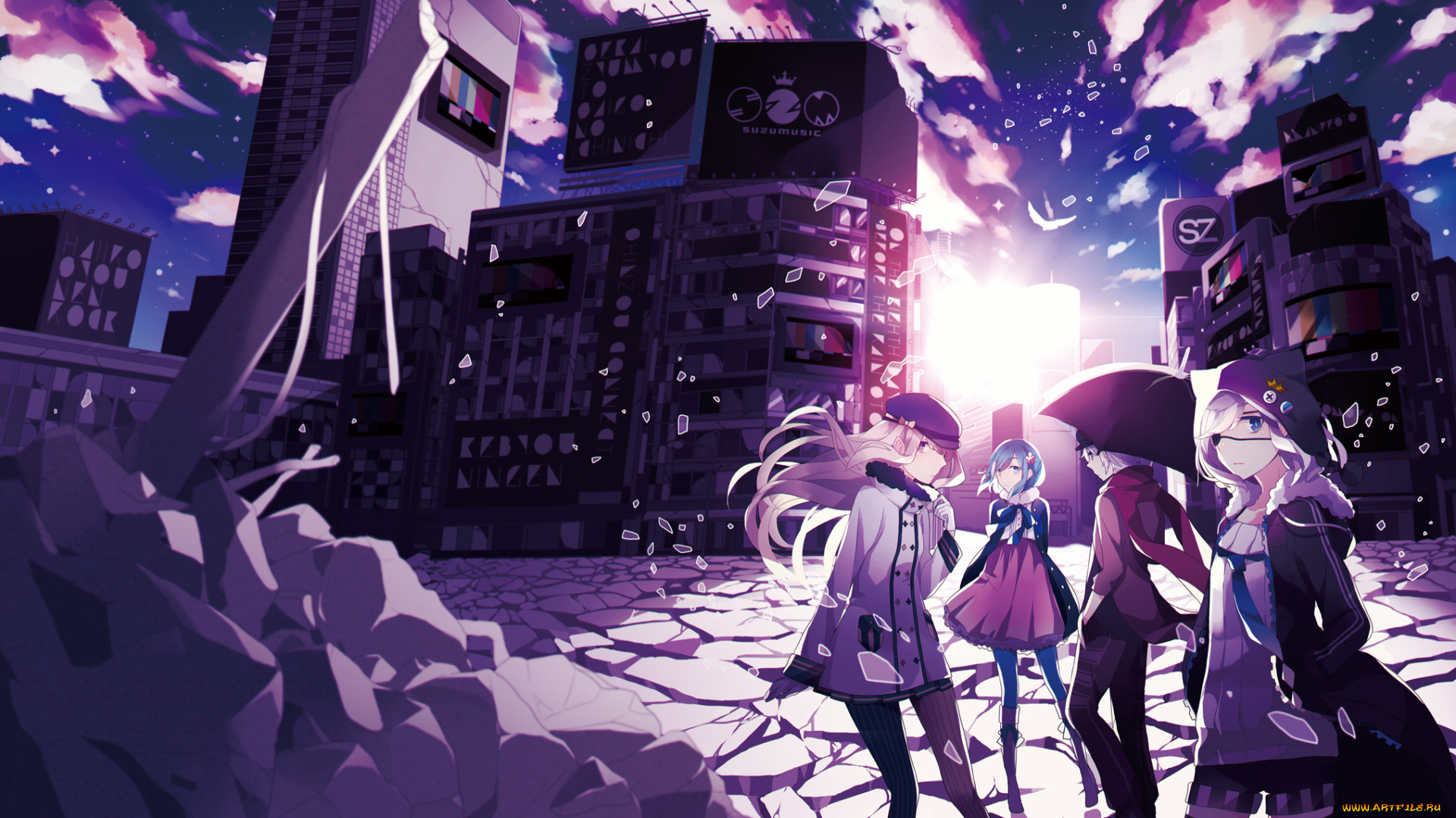 аниме, город, , улицы, , здания, artist, saine, осколки, улица, гороз, арт, девушки, здания