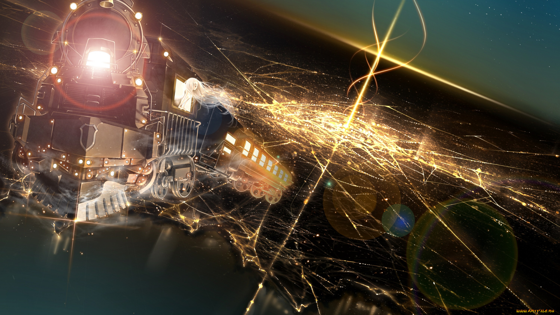 аниме, город, , улицы, , здания, поезд, огни, фантастика, девушка, ночь, арт, bouno, satoshi