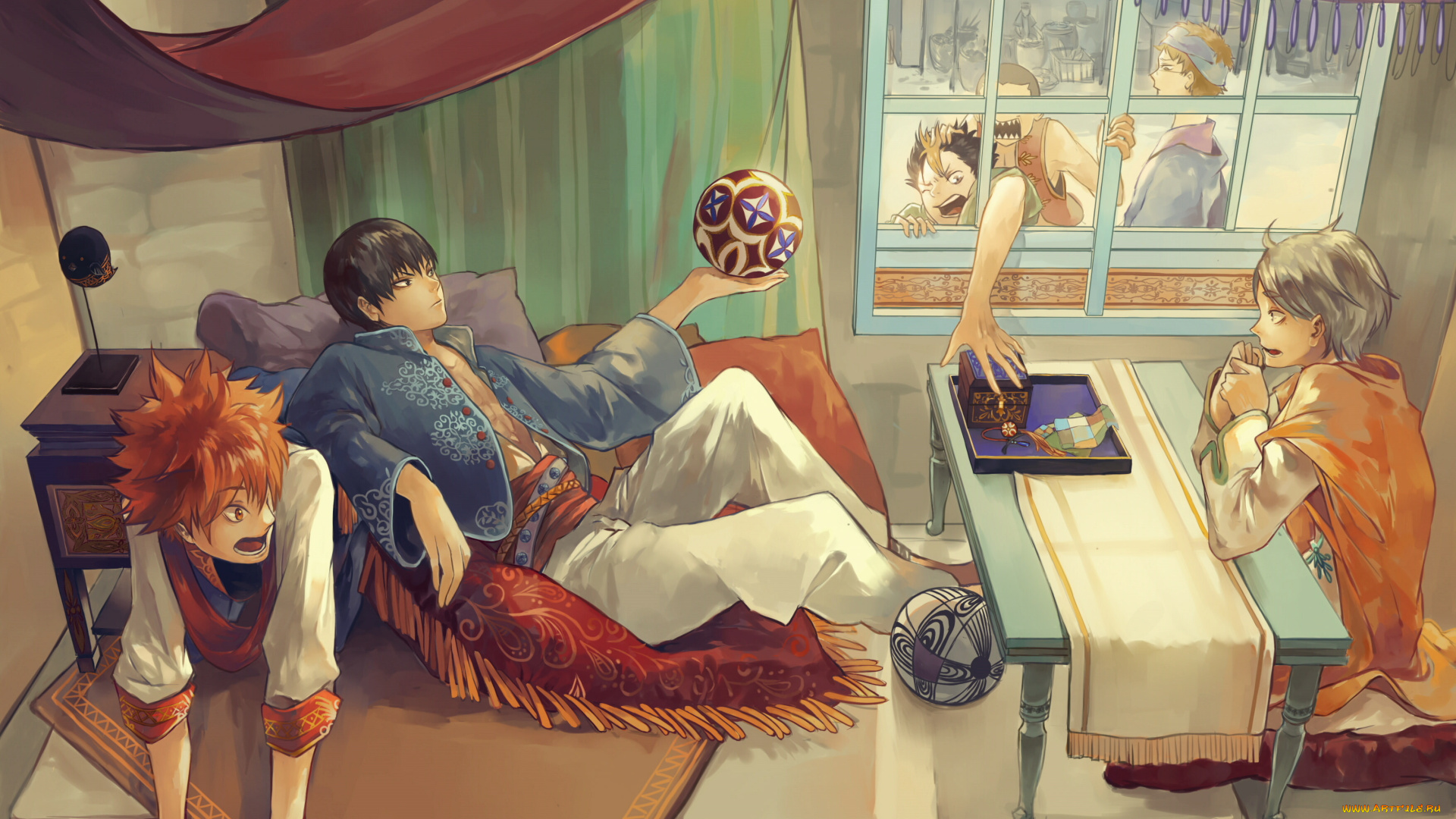 аниме, haikyuu, комната, парни, nishinoya, yuu, tobio, kageyama, окно, мяч, anaka, ryunosuke, sugawara, koushi, tsukishima, kei, shouyou, hinata