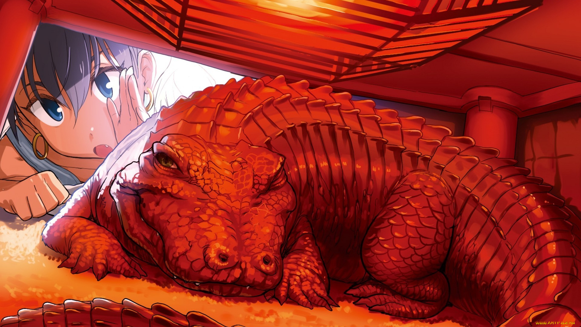 аниме, idolm@ster, idolmaster, ganaha, hibiki, лампа, крокодил, девочка, красный, andou, chikanori, арт