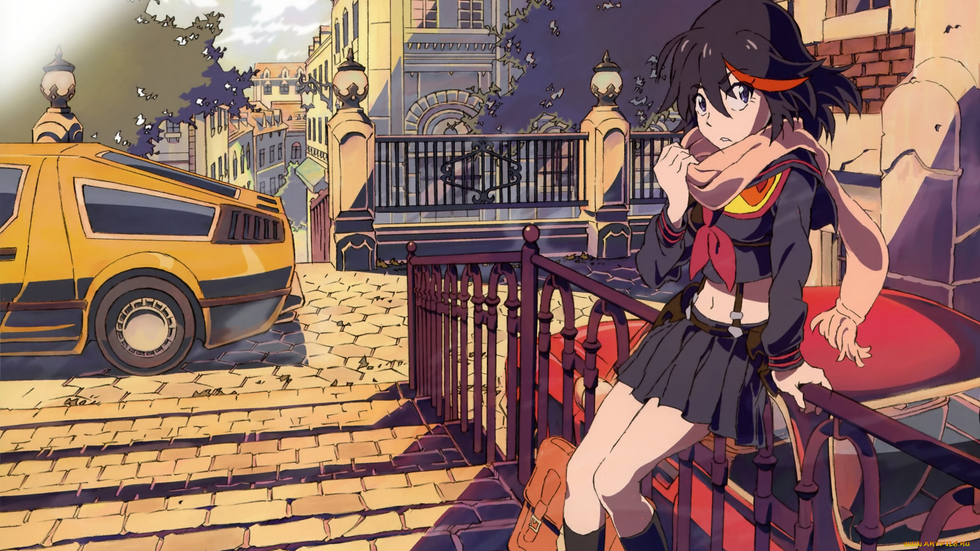 аниме, kill, la, kill, девушка, улица, город, перила, машины, деревья, арт, senketsu, matoi, ryuuko, kill, la
