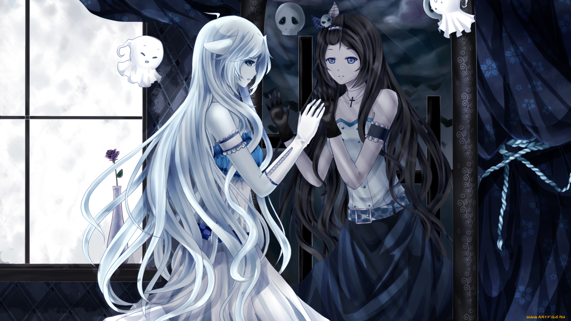 аниме, магия, , колдовство, , halloween, череп, приведения, девушка, зеркало, отражение