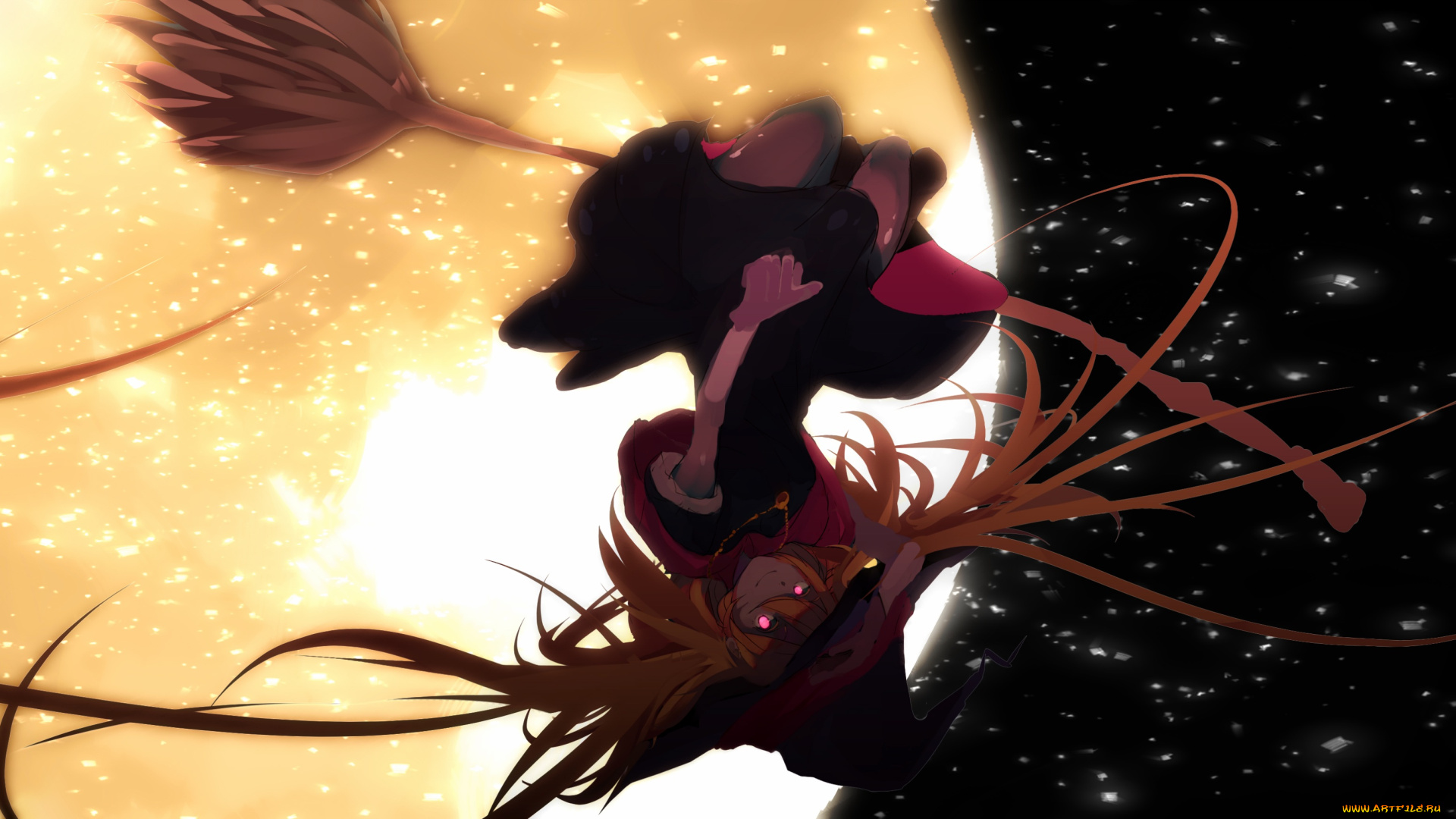 аниме, магия, , колдовство, , halloween, ведьма, девушка, tarbo, метла, шляпа, кулон, луна, ночь