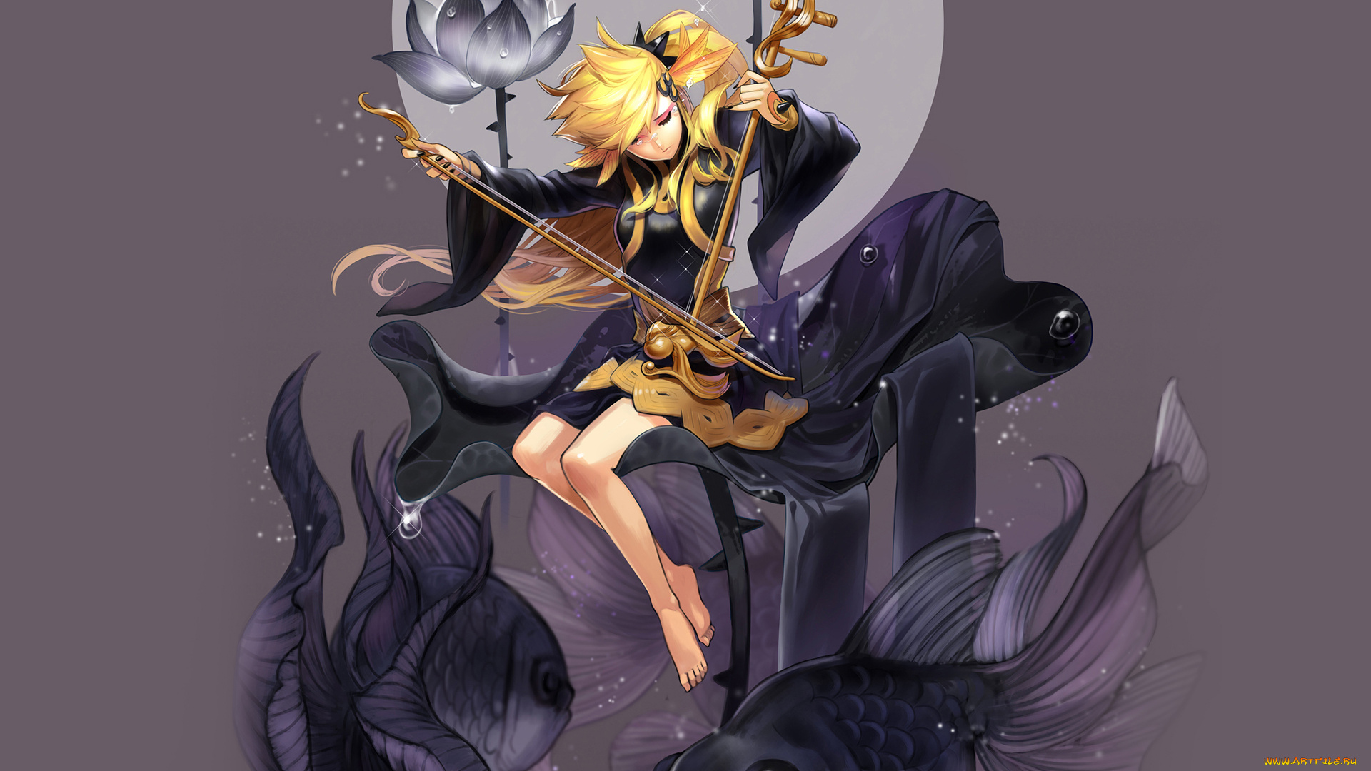 аниме, музыка, цветок, музыкальный, инструмент, рыбы, девушка, капли