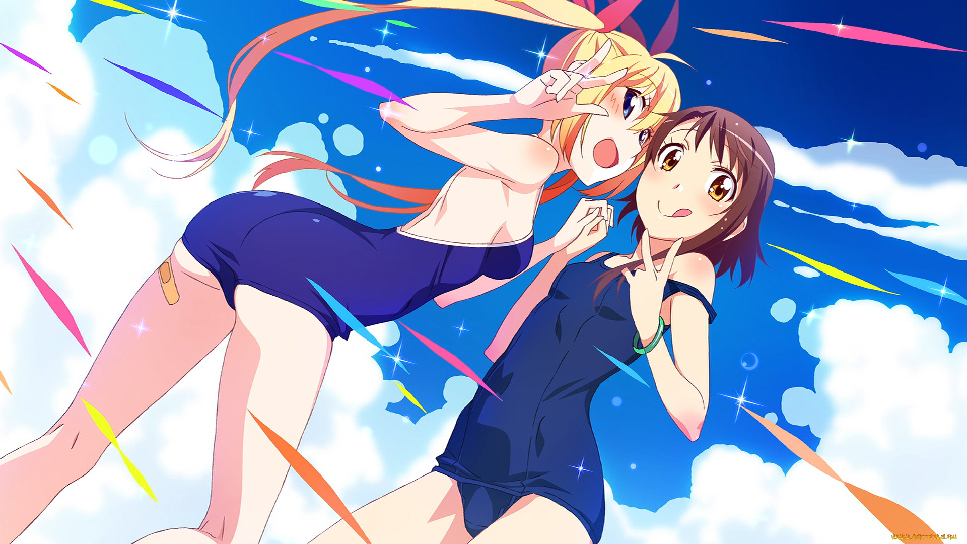 аниме, nisekoi, купальник, девушка, onodera, kosaki, kirisaki, chitoge, watanabe, akio, небо