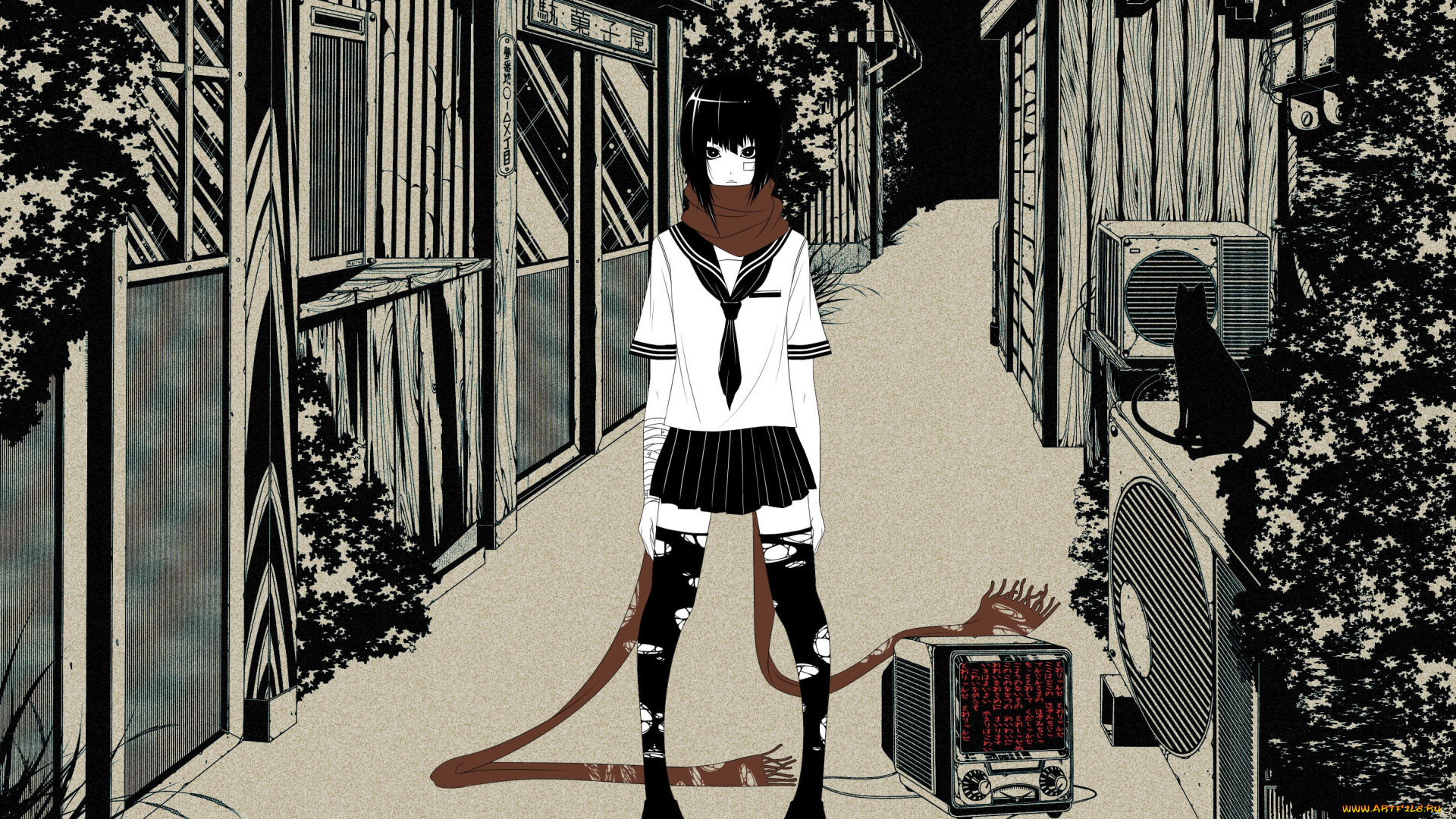 аниме, оружие, , техника, , технологии, город, взгляд, девушка, арт, bouno, satoshi