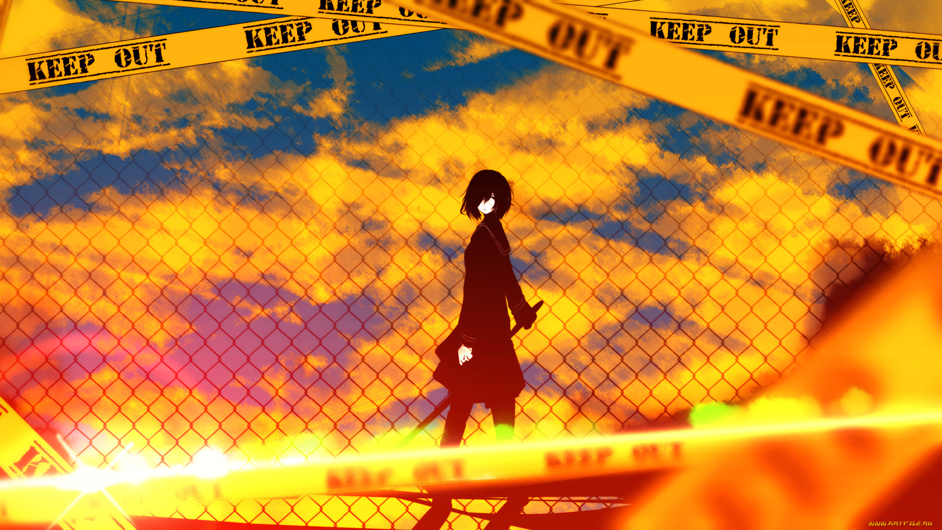 аниме, оружие, , техника, , технологии, лента, лучи, девушка, солнце, закат, небо, keep, out, сетка, крыша, меч, tarbo