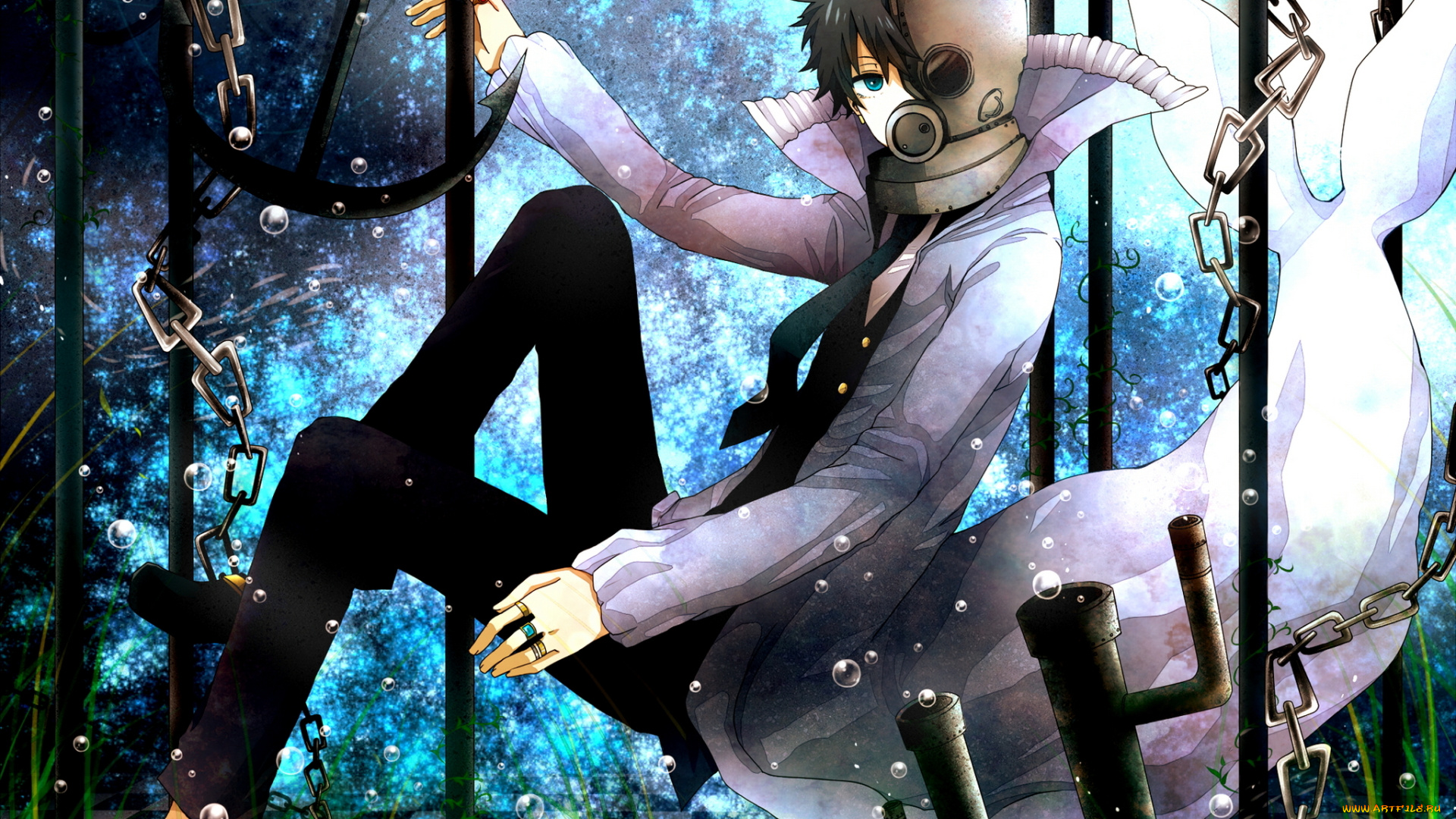 аниме, оружие, , техника, , технологии, под, водой, галстук, вода, парень, арт, шлем, трава, цепи, пузыри