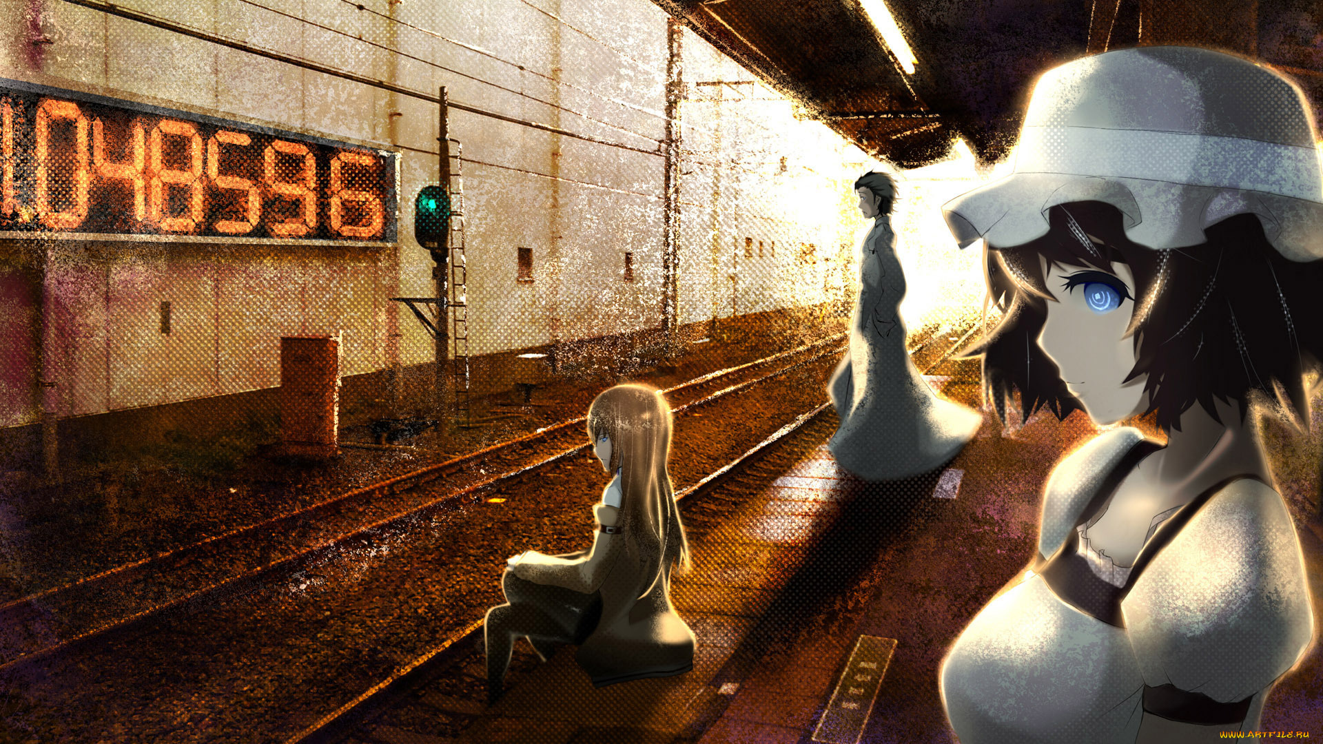 аниме, steins, gate, shiina, mayuri, парень, девушки, метро, часы, makise, kurisu, okabe, rintarou