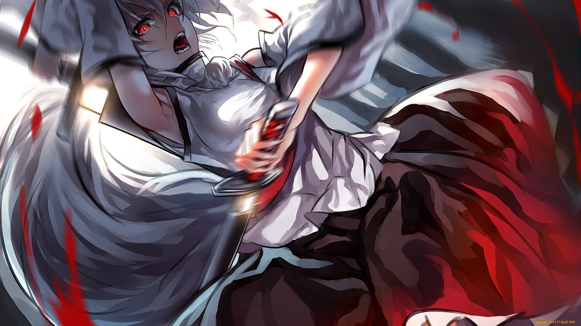 аниме, touhou, арт, inubashiri, momiji, uu, zan, крик, взгляд, девушка, меч