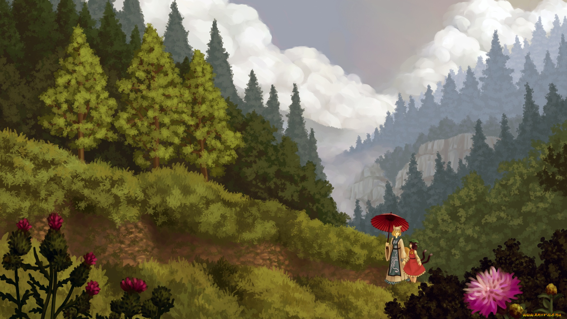 аниме, touhou, девушки, облака, небо, деревья, природа, лес, арт, u-joe