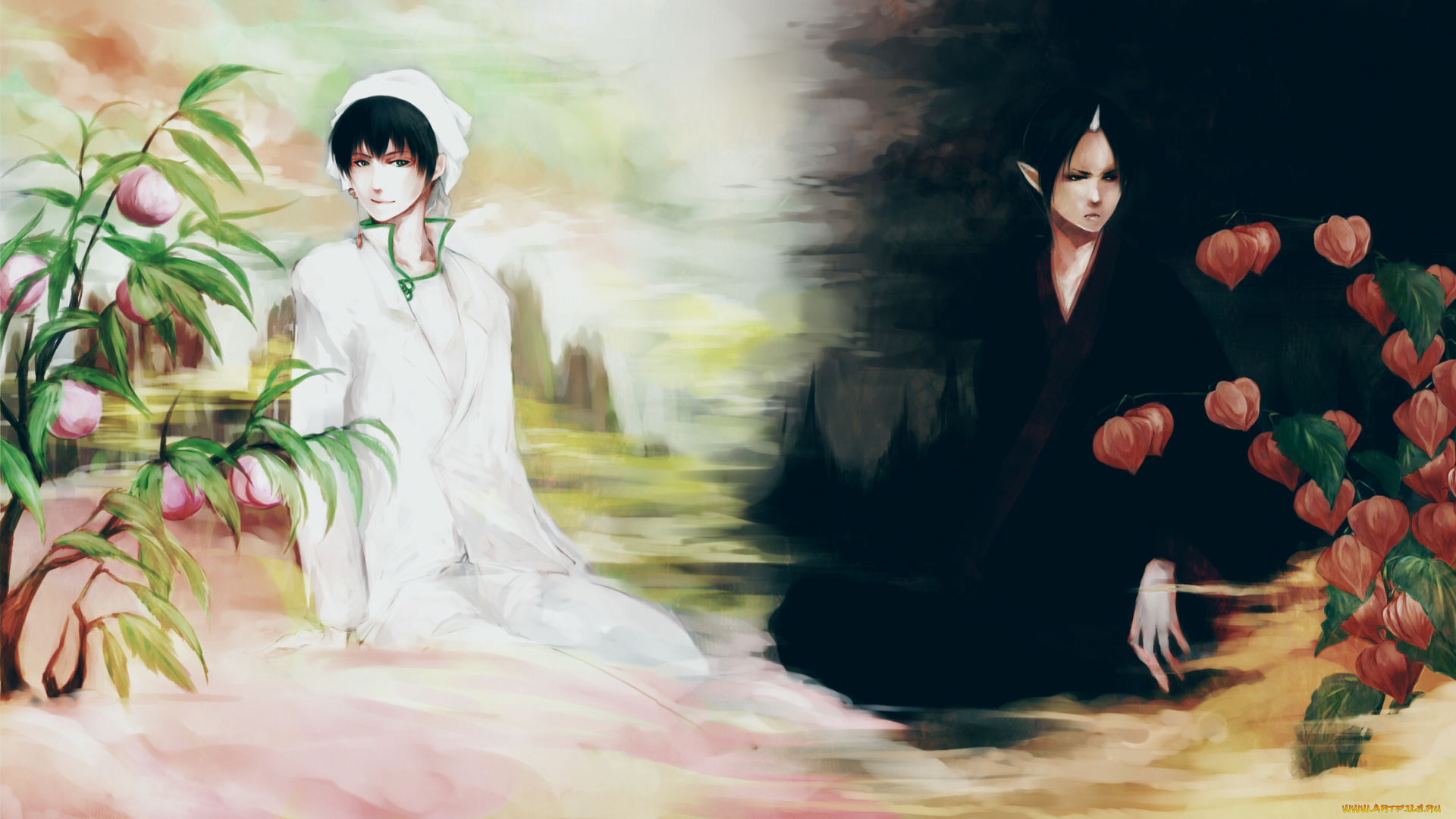 аниме, unknown, , другое, арт, matsumoto, хладнокровный, ходзуки, hoozuki, no, reitetsu, hakutaku, парни, цветы, свет, тьма