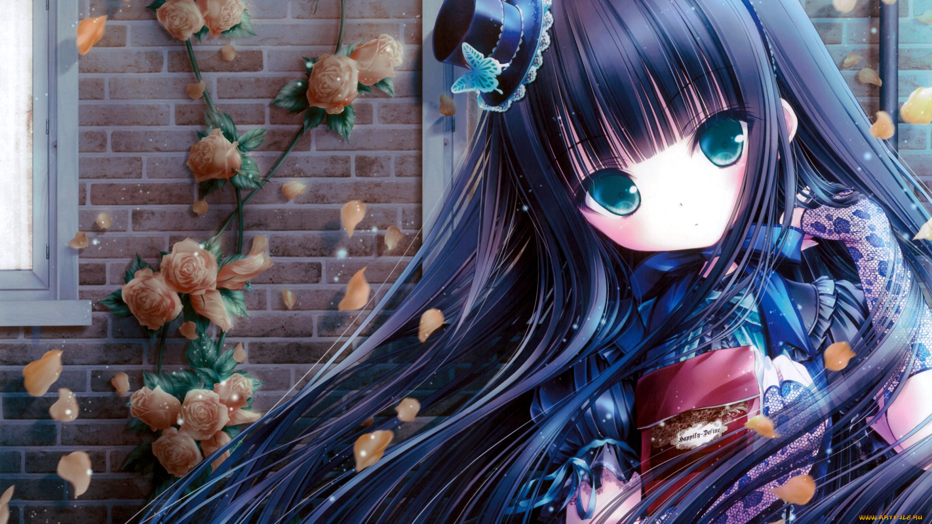 аниме, unknown, , другое, арт, tinkle, розы, взгляд, брюнетка, девушка