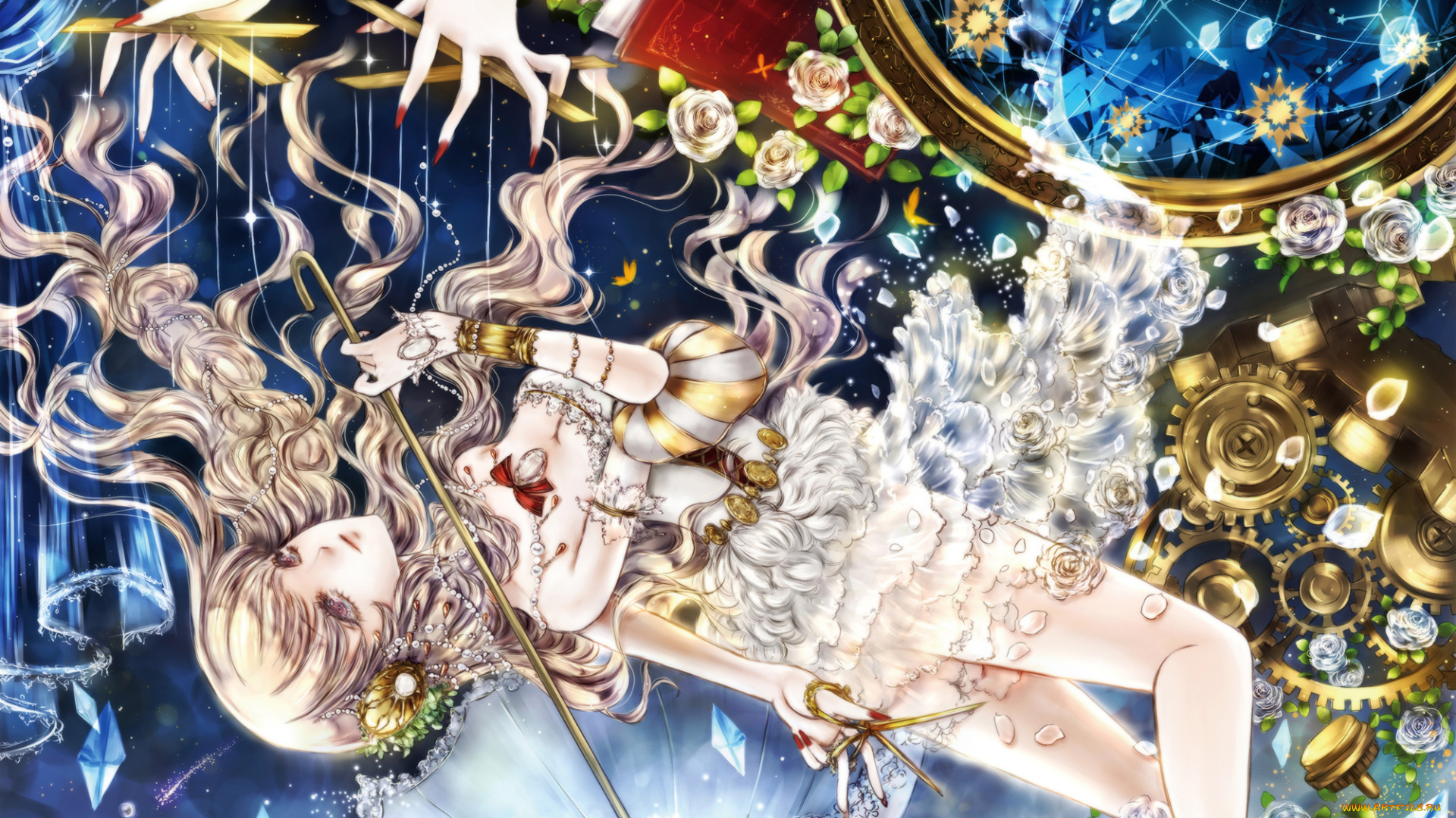 аниме, unknown, , другое, кристаллы, розы, руки, марионетка, ножницы, зонт, девушка