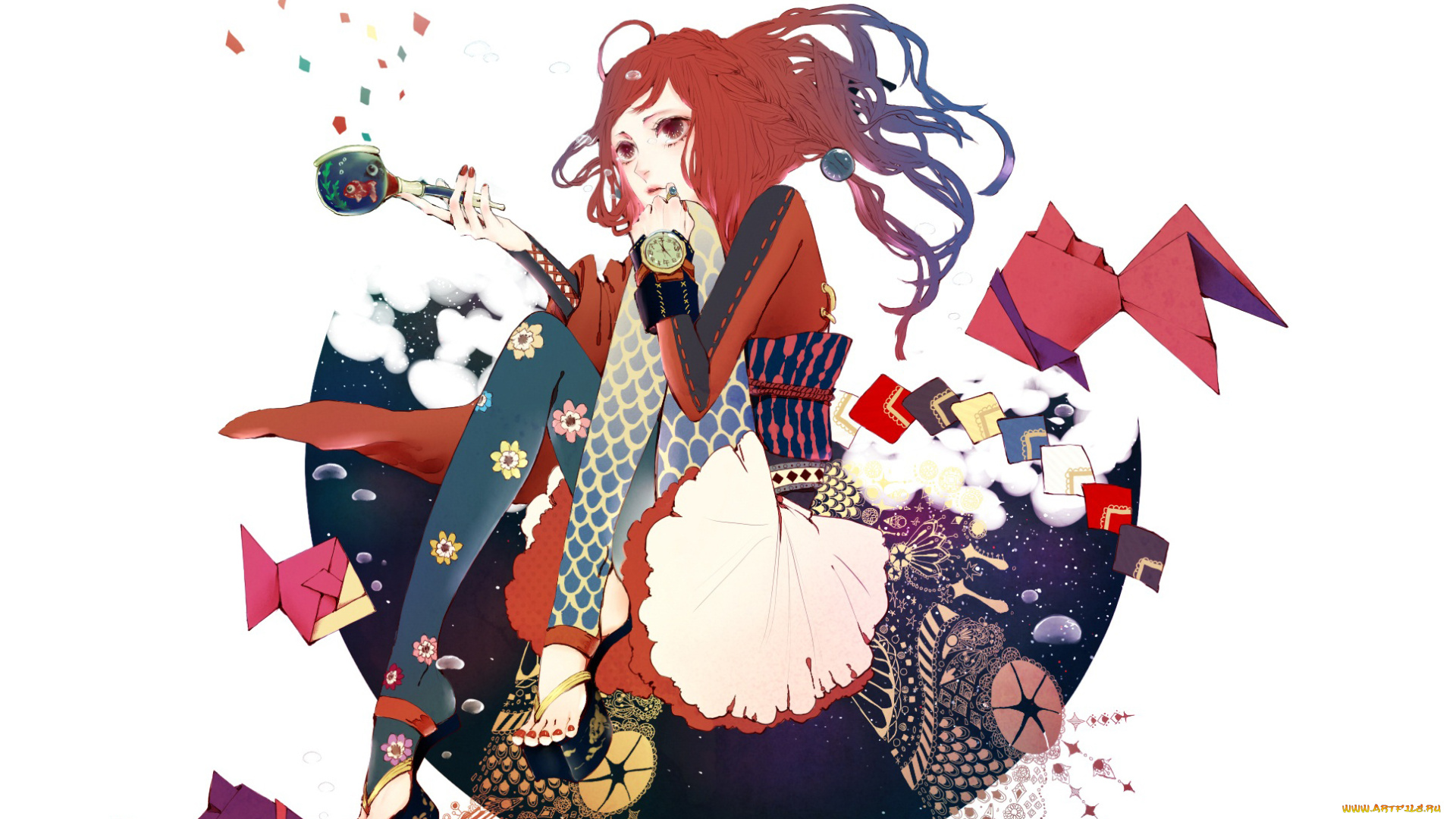 аниме, unknown, , другое, оригами, часы, коса, рыбка, девушка