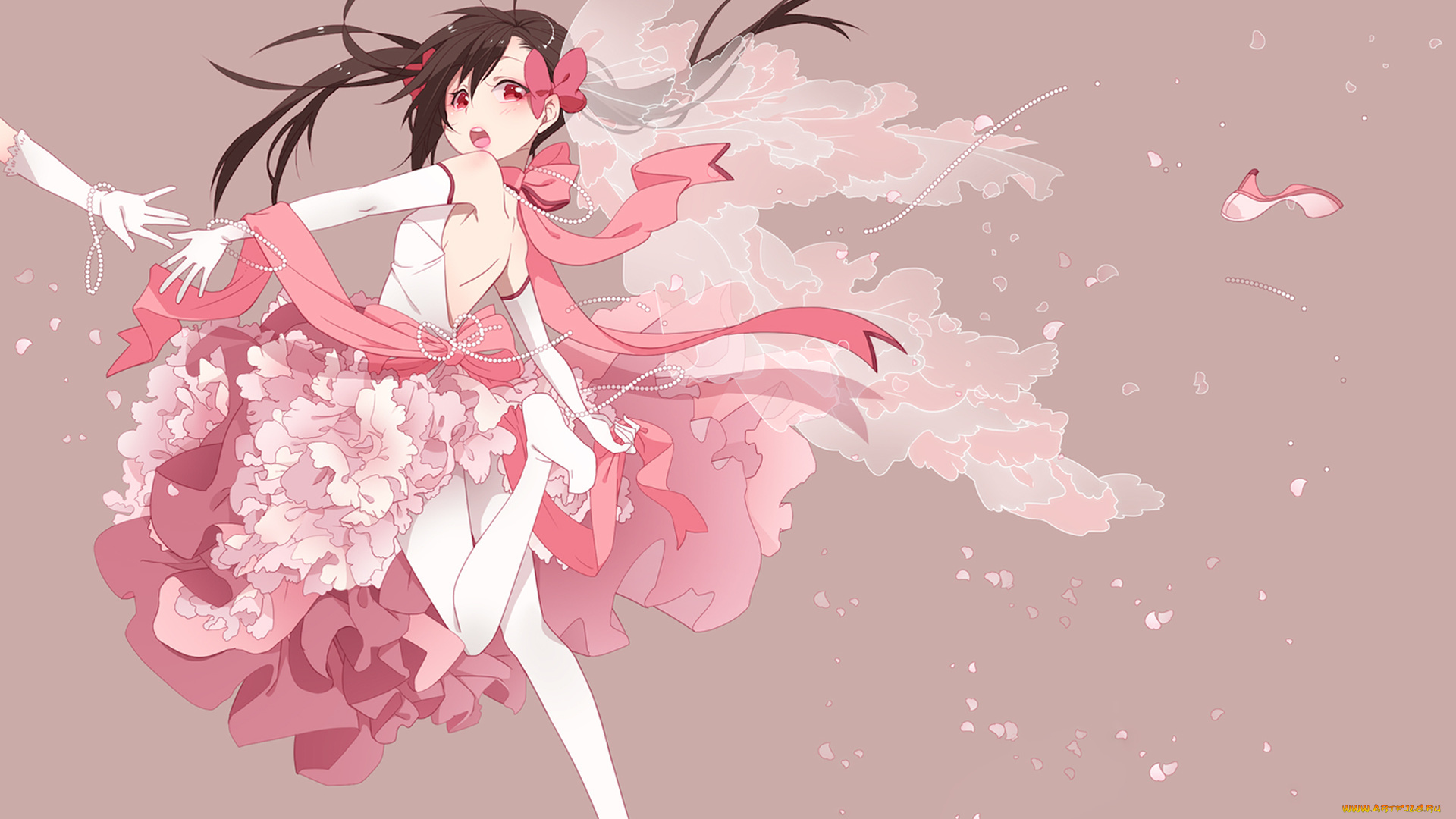 аниме, unknown, , другое, туфля, бусы, бежит, розовое, платье, девушка