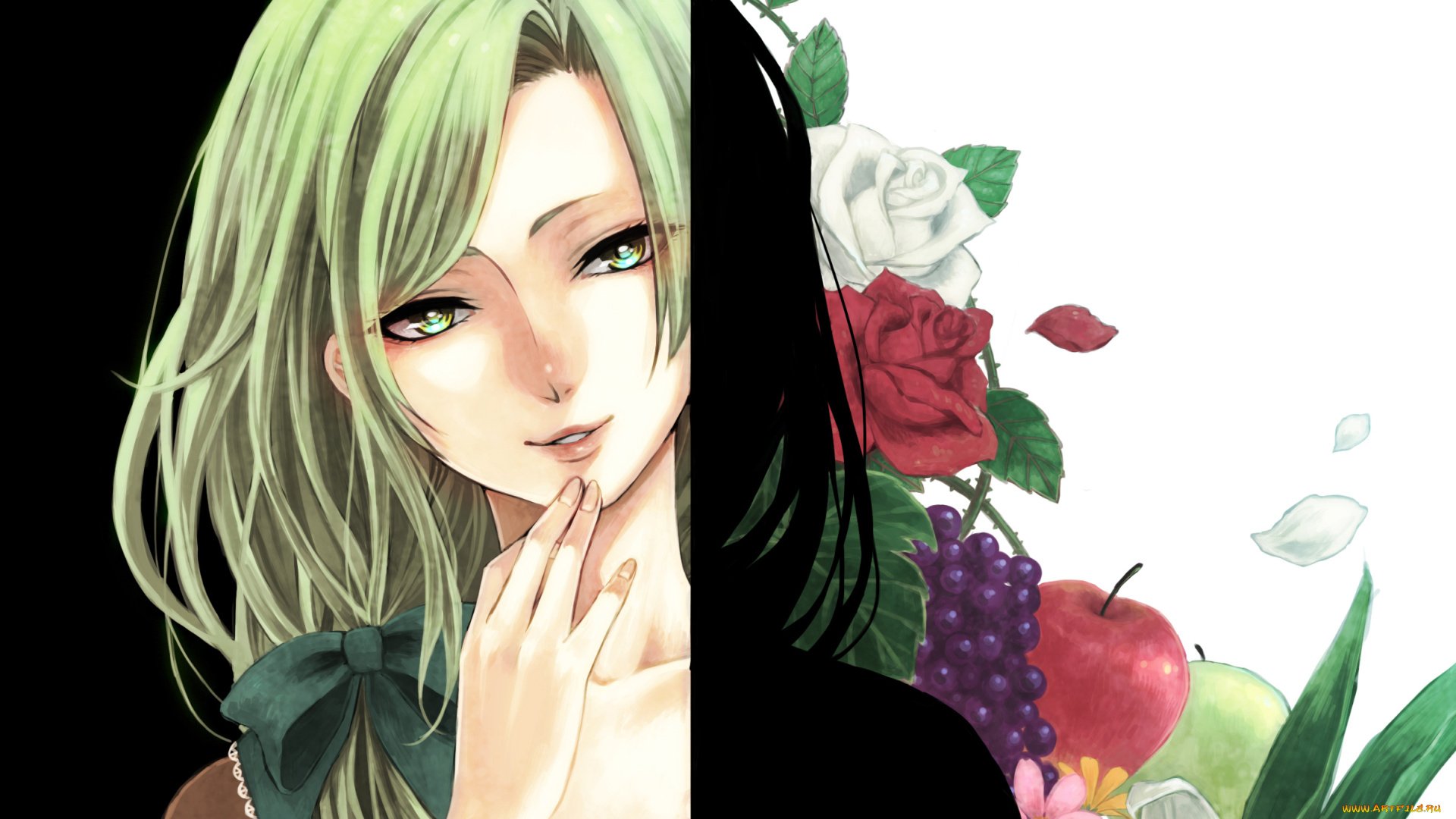 аниме, unknown, , другое, зеленые, волосы, фрукты, девушка, цветы