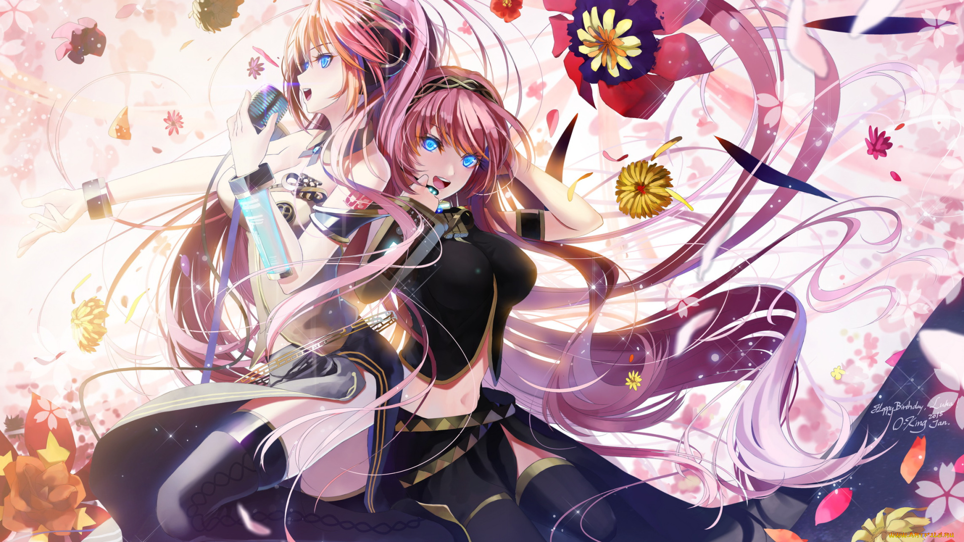 аниме, vocaloid, арт, okingjo, megurine, luka, девушки, микрофон, цветы