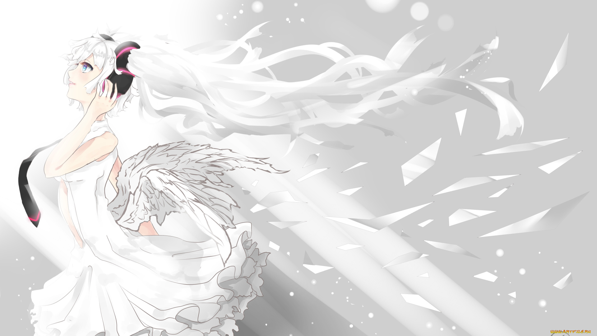 аниме, vocaloid, hatsune, miku, крылья, девушка, арт, белое, платье
